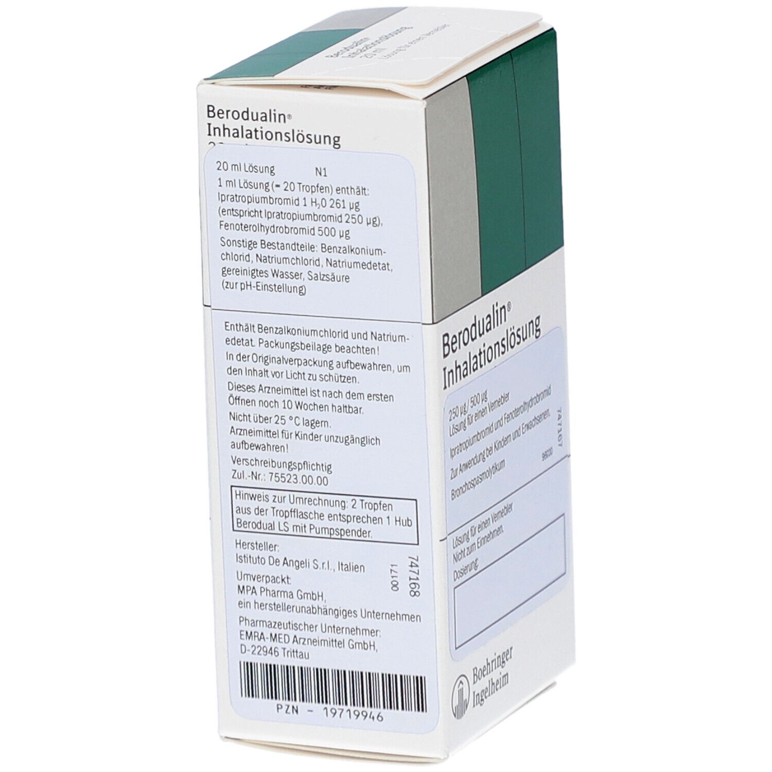 Karton Berodual Inhalationslösung. Text: 20 ml Lösung, Inhaltsstoffe, Boehringer Ingelheim Logo.