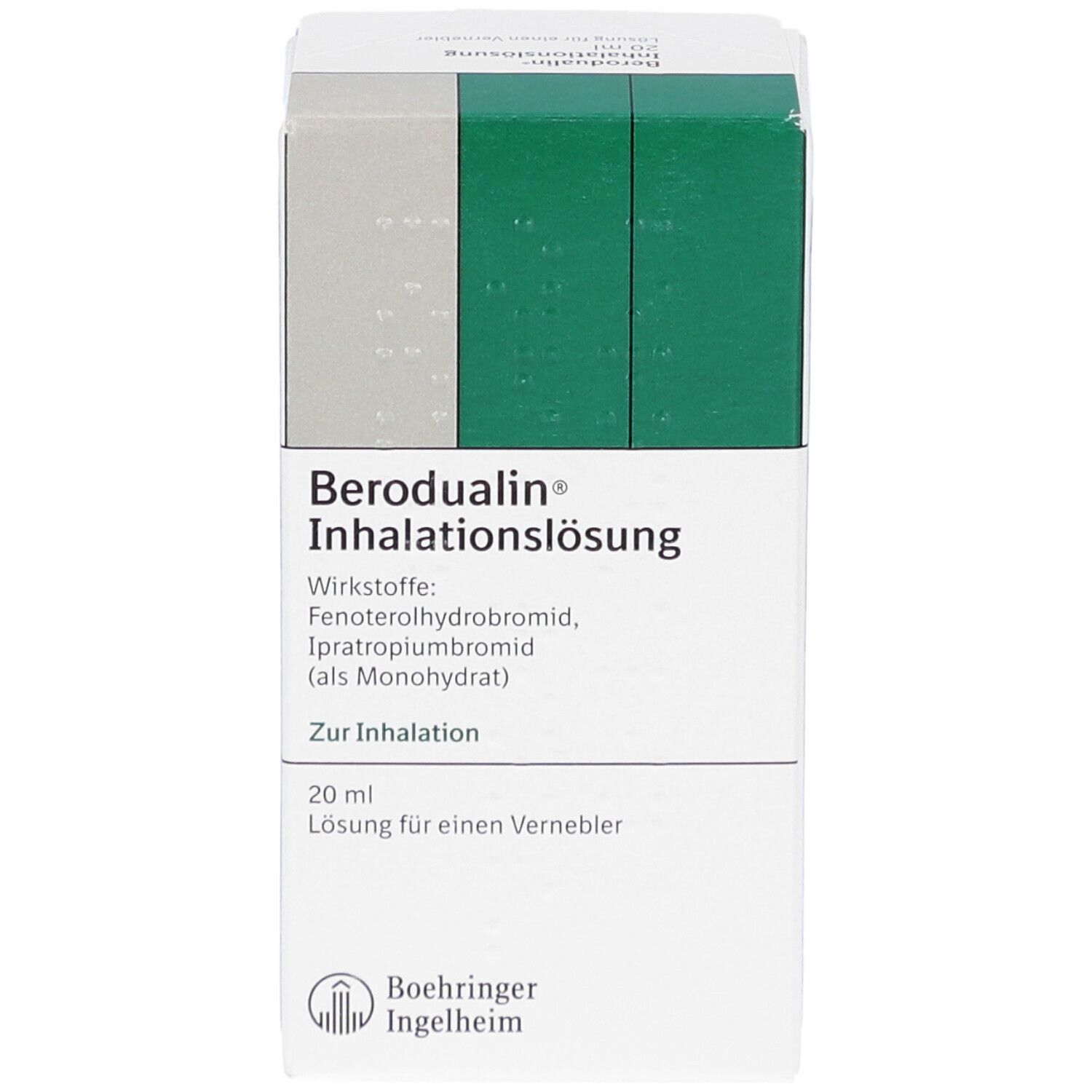 Karton Berodual Inhalationslösung. Text: Wirkstoffe, 20 ml Lösung, Boehringer Ingelheim Logo.