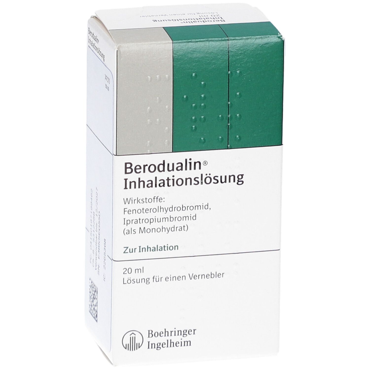 Karton Berodual Inhalationslösung. Text: Wirkstoffe, 20 ml Lösung, Boehringer Ingelheim Logo.