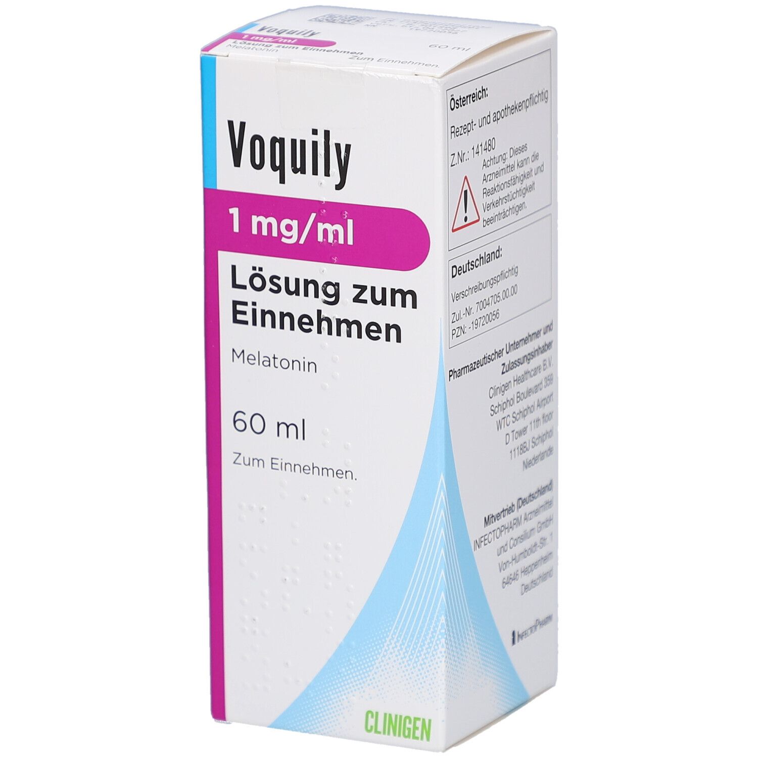 Schachtel mit Produktinformationen. Aufschrift: Voquily 1 mg/ml Lösung zum Einnehmen, 60 ml. Enthält Melatonin.