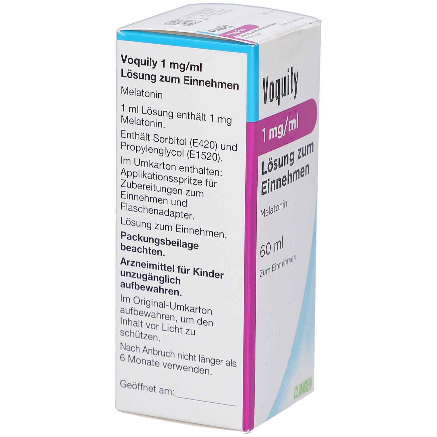Produktverpackung mit Text. Aufschrift: Voquily 1 mg/ml Lösung zum Einnehmen, 60 ml. Enthält Melatonin. Detailinformationen.