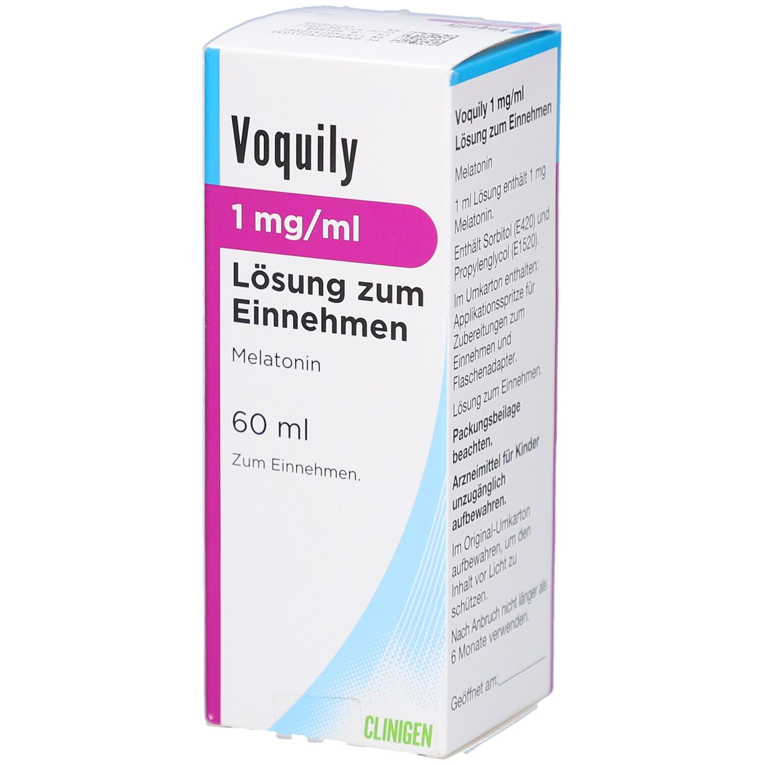 Produktverpackung mit Text. Aufschrift: Voquily 1 mg/ml Lösung zum Einnehmen, 60 ml. Enthält Melatonin. Detailansicht.