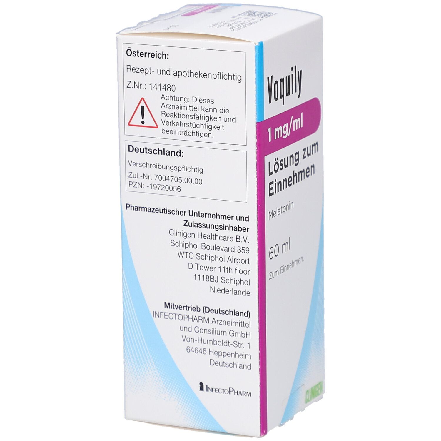 Produktverpackung mit Text. Aufschrift: Voquily 1 mg/ml Lösung zum Einnehmen, 60 ml. Enthält Melatonin. Herstellerinformationen.
