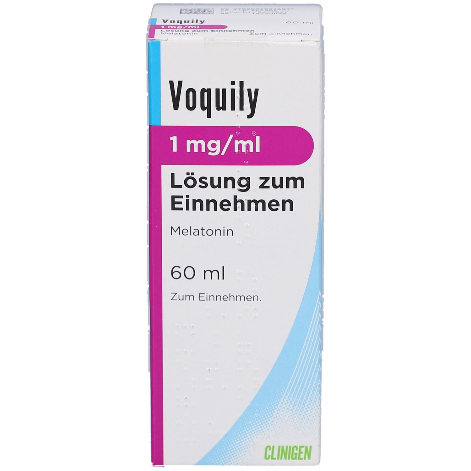 Produktverpackung. Aufschrift: Voquily 1 mg/ml Lösung zum Einnehmen, 60 ml. Enthält Melatonin. Design mit blauen Linien.