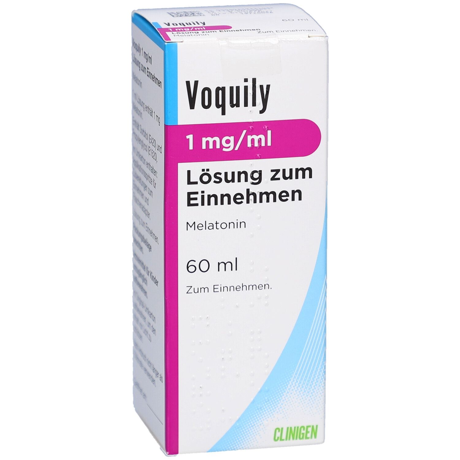 Produktverpackung. Aufschrift: Voquily 1 mg/ml Lösung zum Einnehmen, 60 ml. Enthält Melatonin. Design mit blauen Linien.