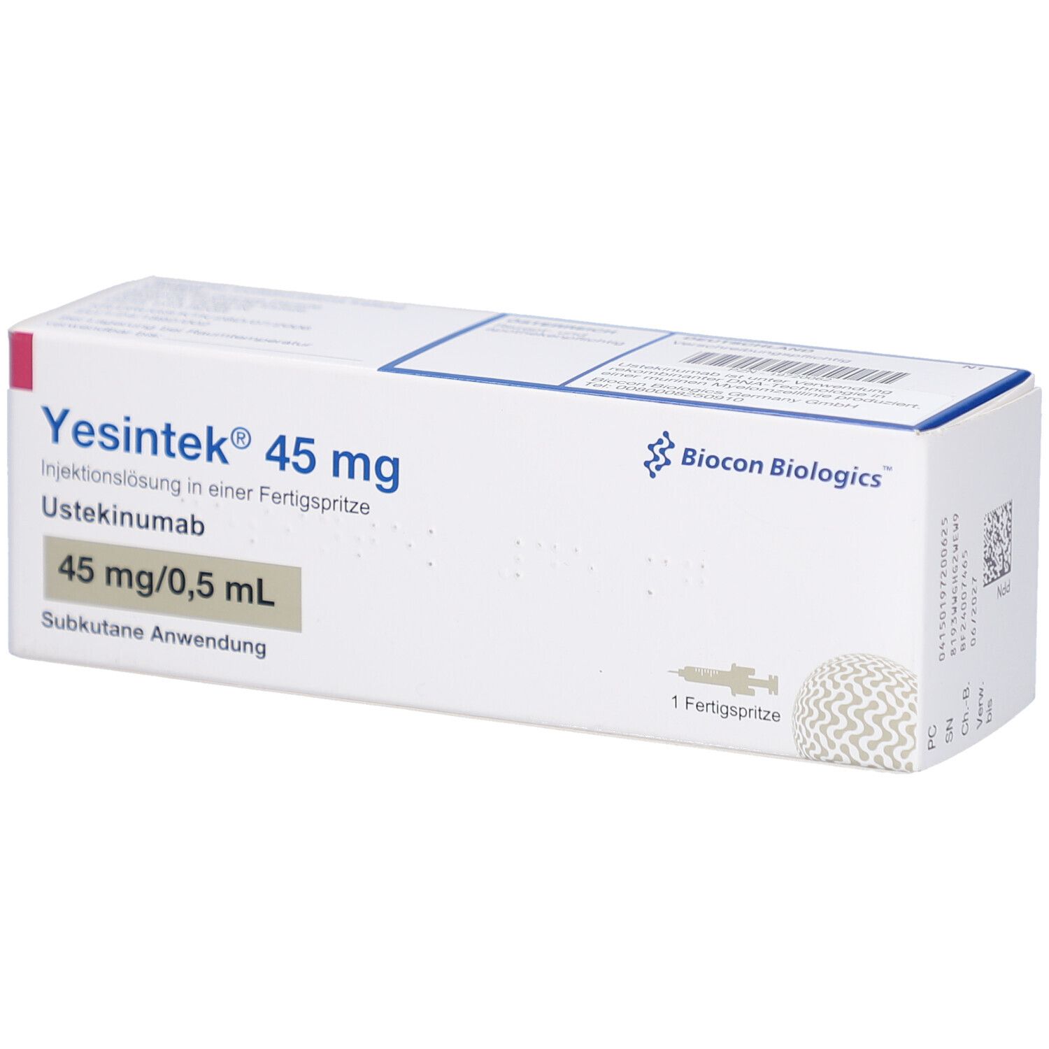 Karton mit Produktinformationen. Beschriftung: Yesintek 45 mg, Injektionslösung, Ustekinumab, 45 mg/0,5 mL. Biocon Biologics Logo.