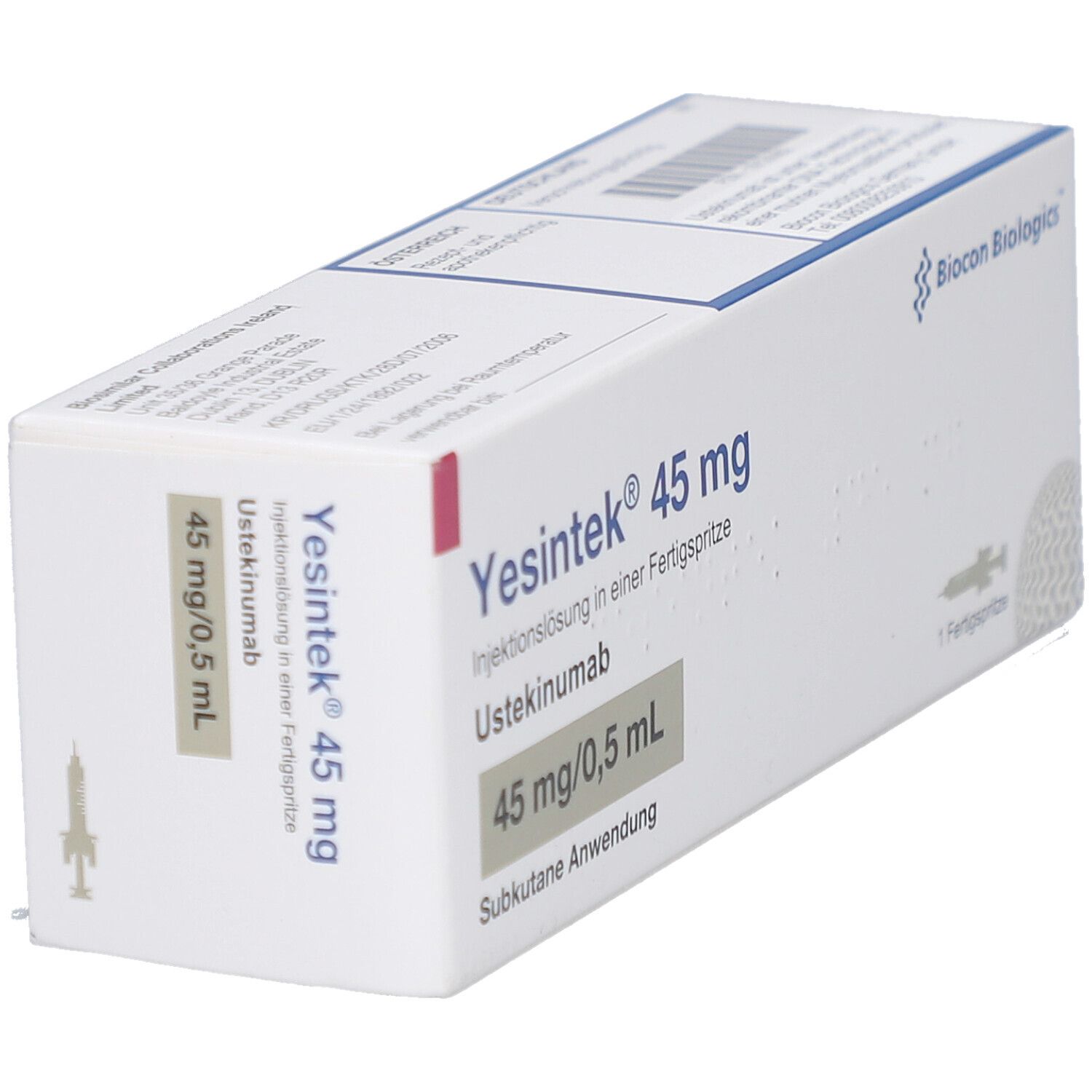 Karton, schräg. Beschriftung: Yesintek 45 mg, Injektionslösung, Ustekinumab, 45 mg/0,5 mL. Biocon Biologics Logo. Fertigspritze-Symbol.