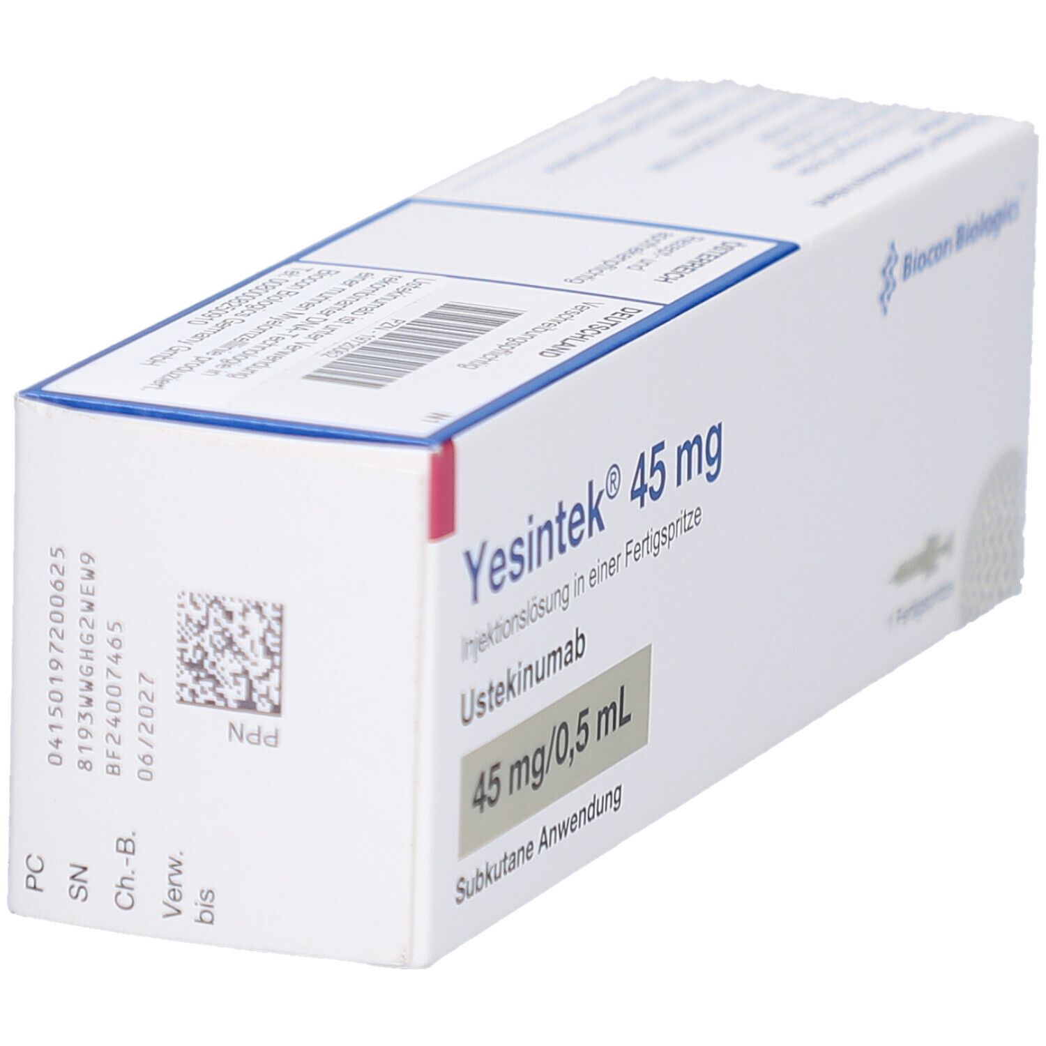 Karton mit Produktinformationen. Beschriftung: Yesintek 45 mg, Injektionslösung, Ustekinumab, 45 mg/0,5 mL. Biocon Biologics Logo. Chargennummer.