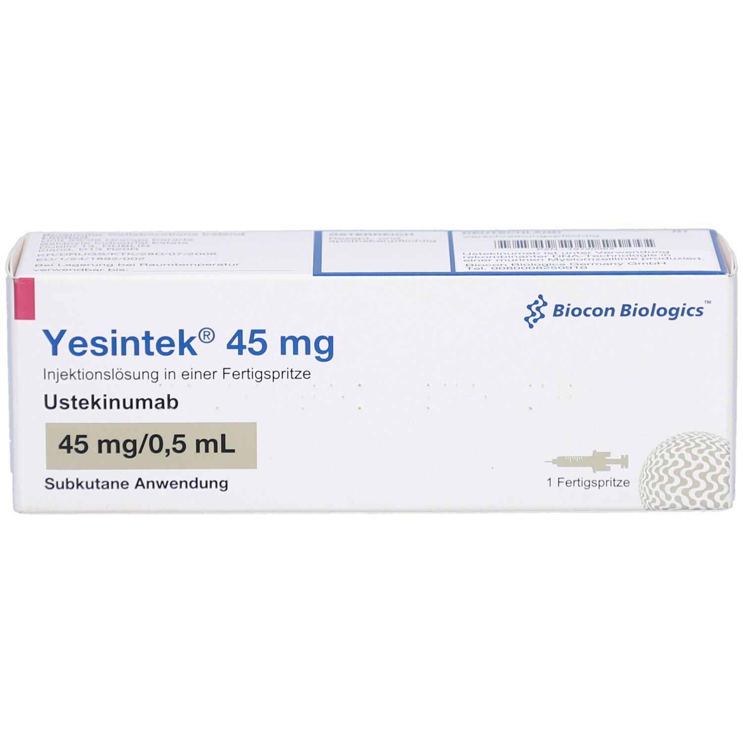 Karton mit Produktinformationen. Beschriftung: Yesintek 45 mg, Injektionslösung, Ustekinumab, 45 mg/0,5 mL. Biocon Biologics Logo. 1 Fertigspritze.