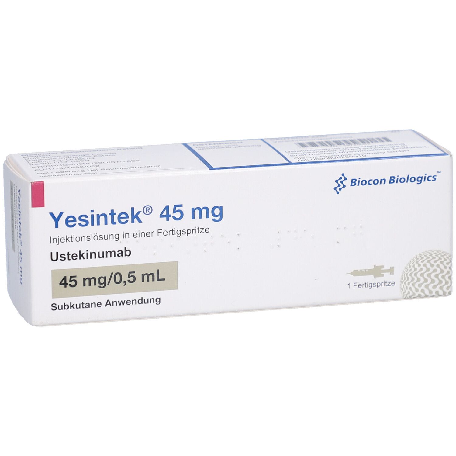 Karton mit Produktinformationen. Beschriftung: Yesintek 45 mg, Injektionslösung, Ustekinumab, 45 mg/0,5 mL. Biocon Biologics Logo. 1 Fertigspritze.