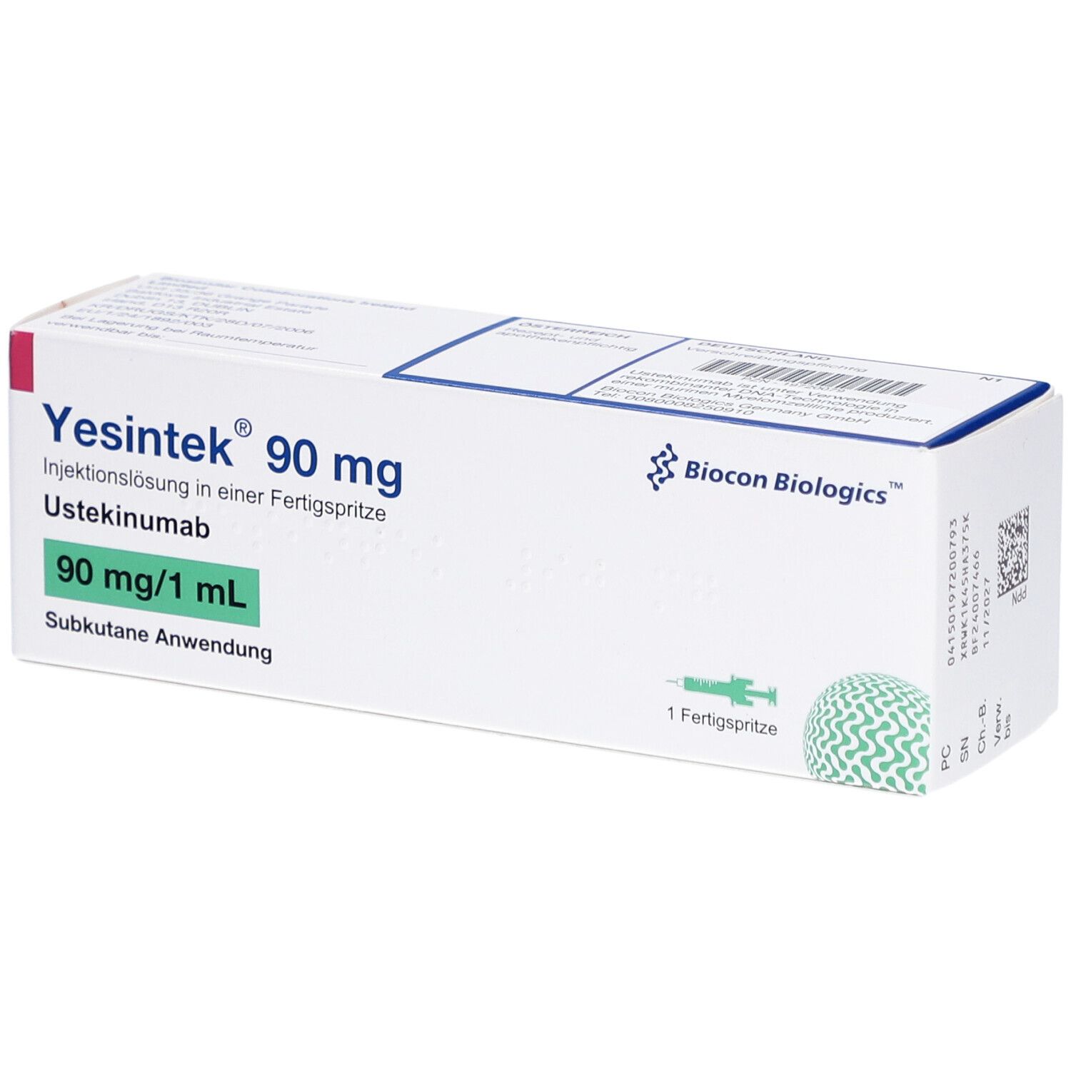Schachtel mit "Yesintek 90 mg". Enthält eine Fertigspritze. Aufdrucke: "90 mg/1 ml", "Subkutane Anwendung".