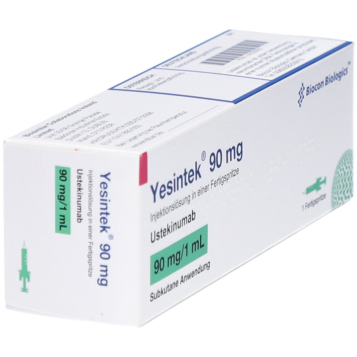 Schachtel "Yesintek 90 mg". Enthält eine Fertigspritze. Aufdrucke: "90 mg/1 ml", "Subkutane Anwendung". Biocon logo.