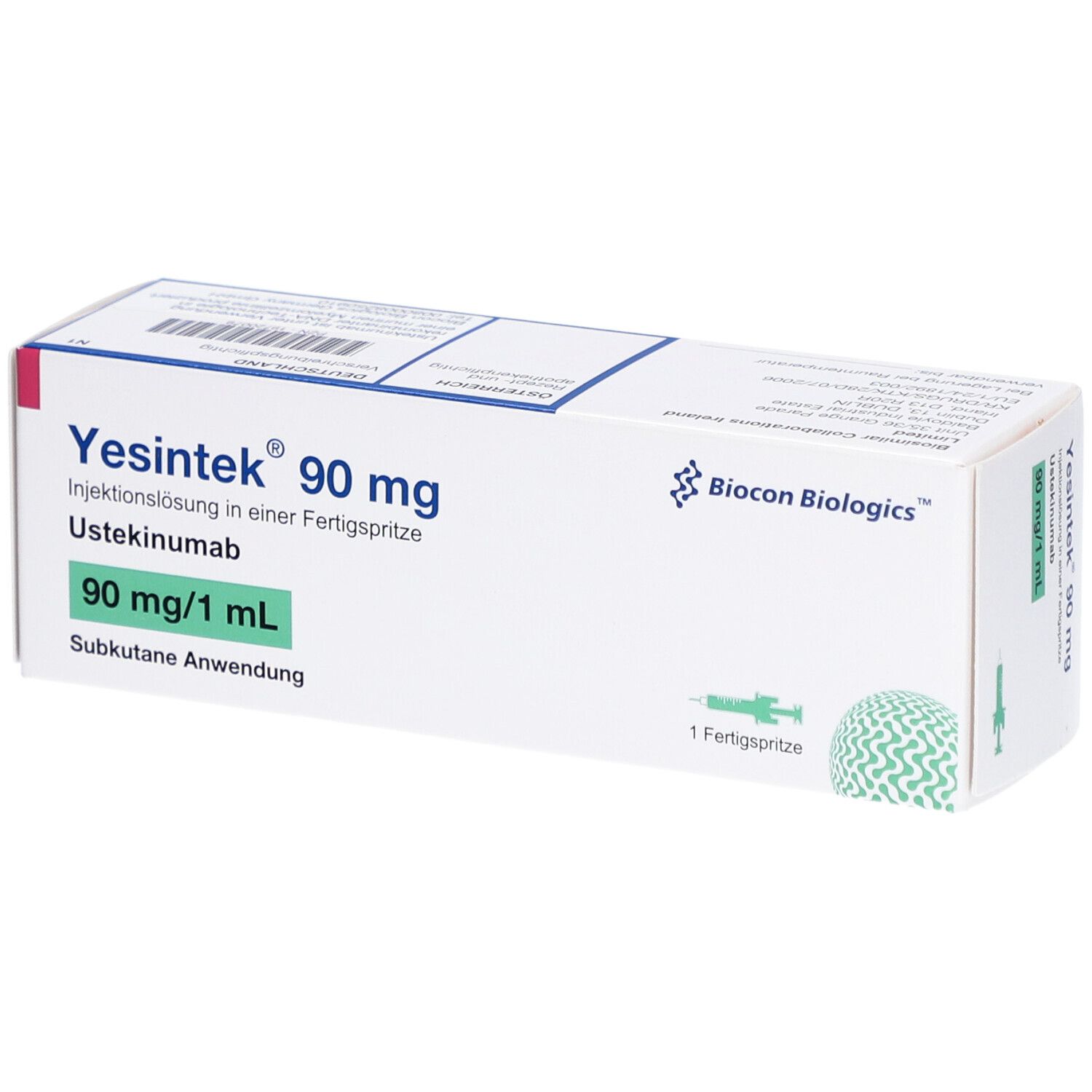 Schachtel "Yesintek 90 mg". Enthält eine Fertigspritze. Aufdrucke: "90 mg/1 ml", "Subkutane Anwendung". Biocon logo.