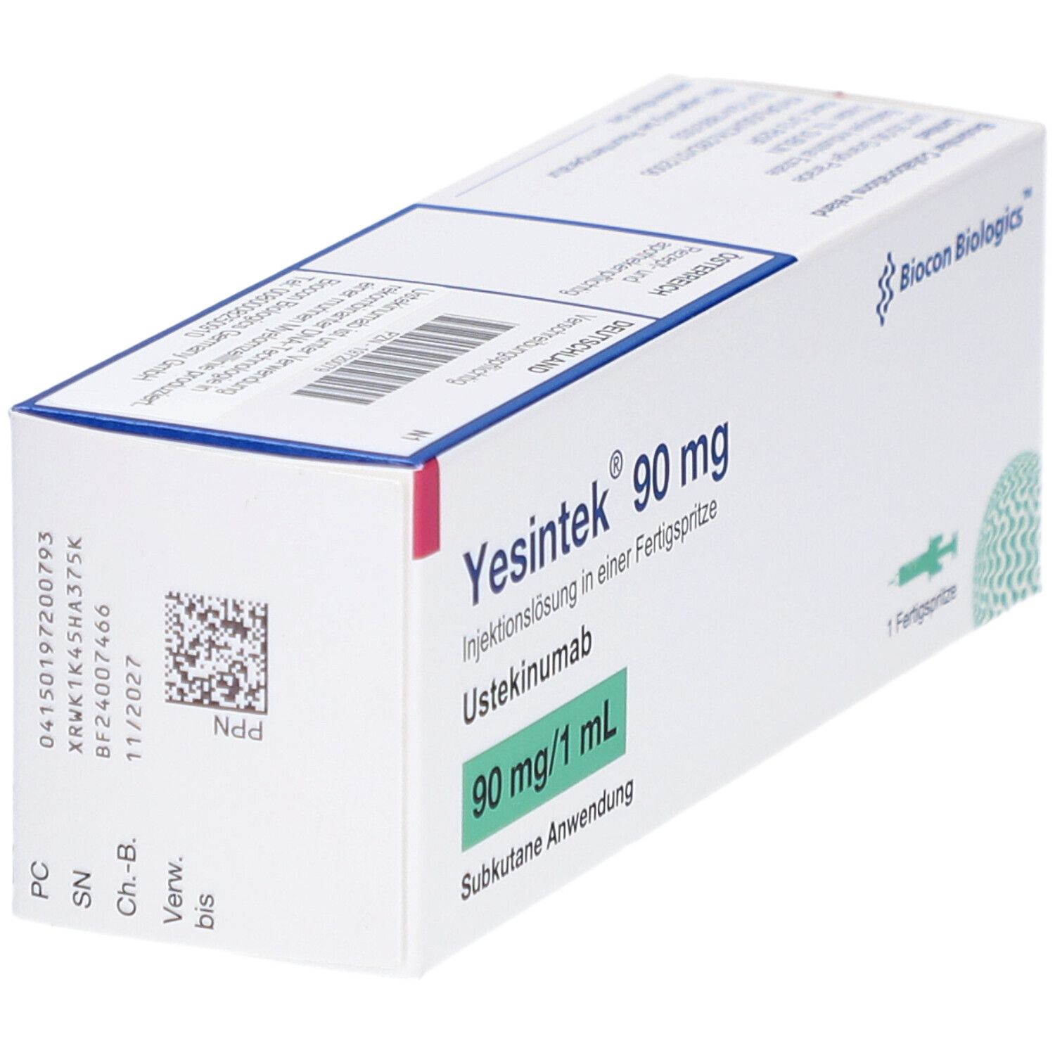 Schachtel "Yesintek 90 mg". Enthält eine Fertigspritze. Aufdrucke: "90 mg/1 ml", "Subkutane Anwendung". Biocon logo.