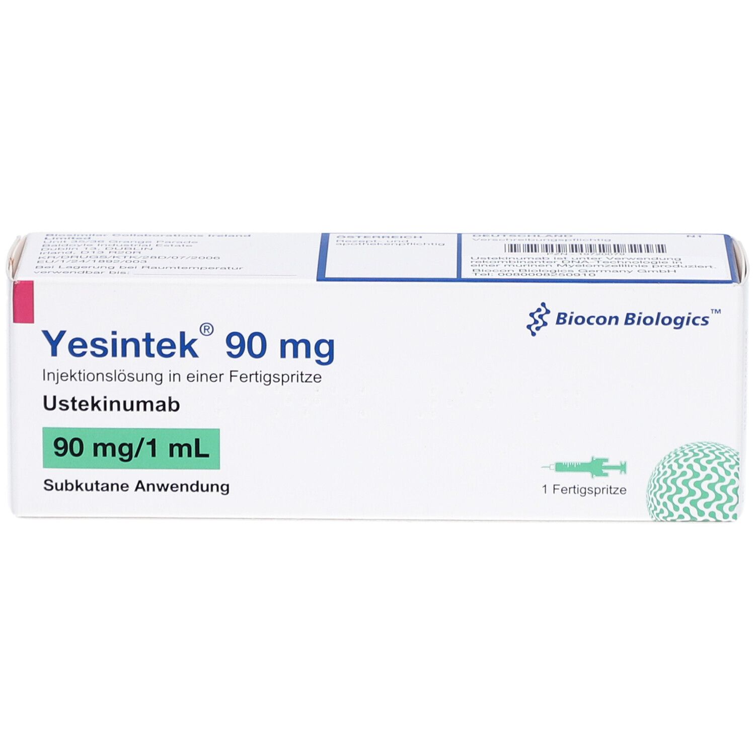 Schachtel "Yesintek 90 mg". Enthält eine Fertigspritze. Aufdrucke: "90 mg/1 ml", "Subkutane Anwendung". Biocon logo.