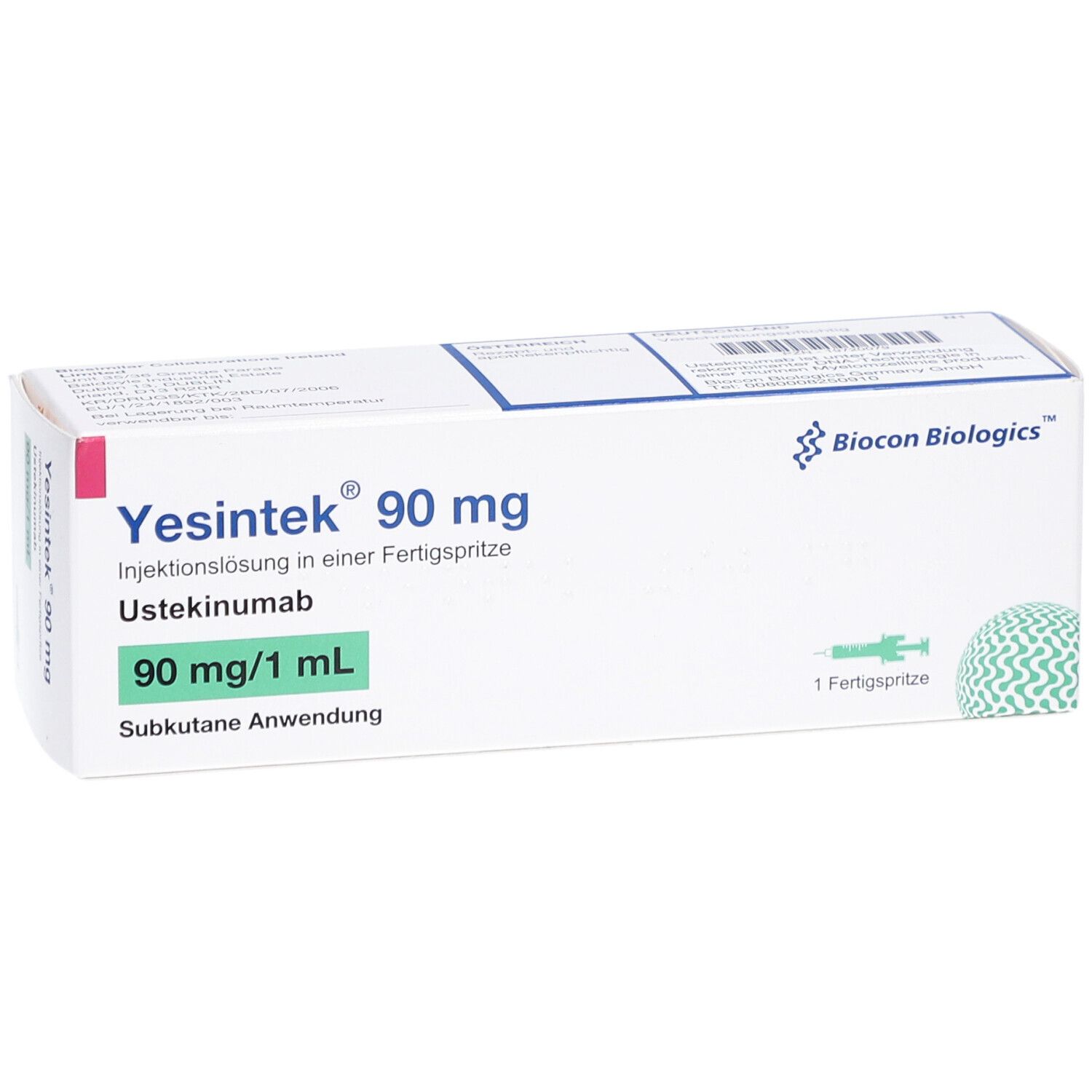 Schachtel "Yesintek 90 mg". Enthält eine Fertigspritze. Aufdrucke: "90 mg/1 ml", "Subkutane Anwendung". Biocon logo.