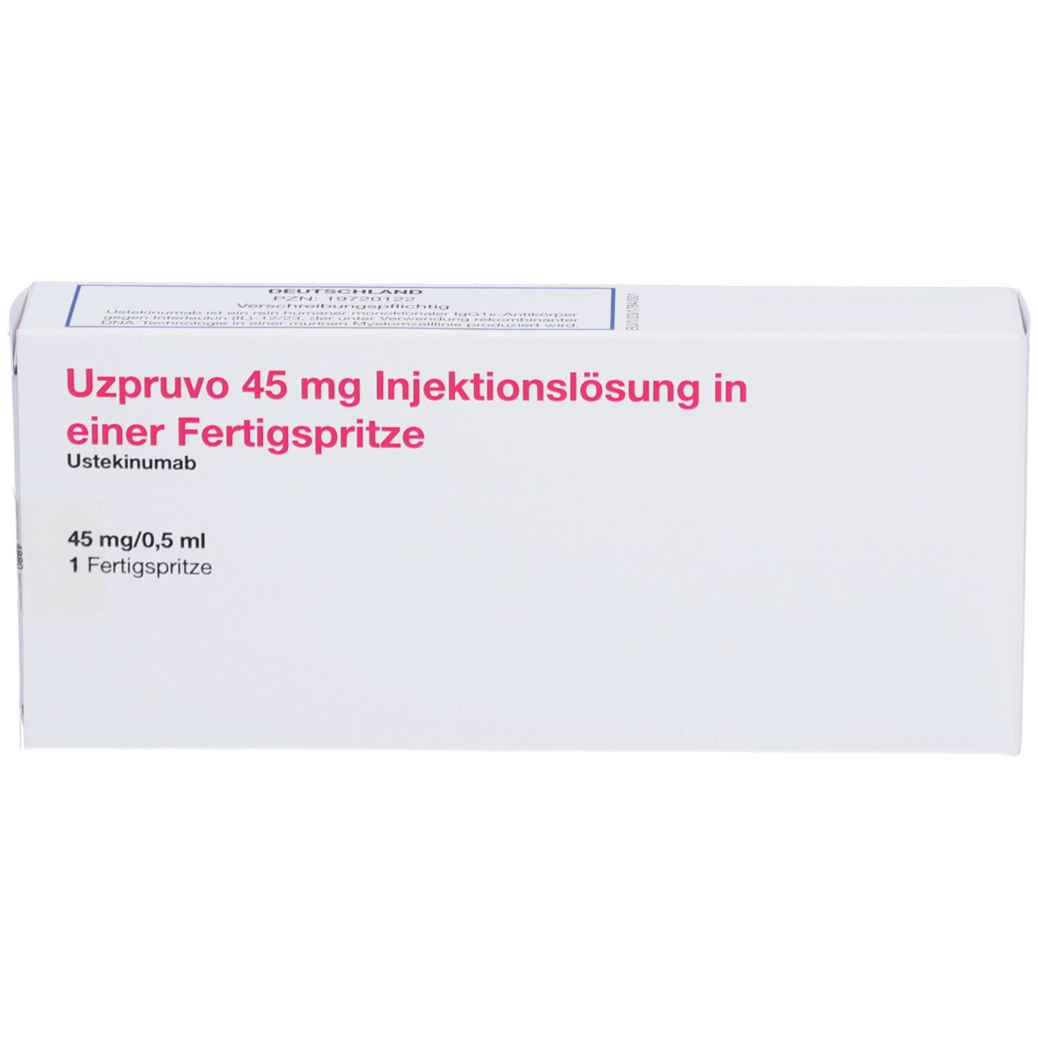 Weiße Verpackung mit rotem Text: UZPRUVO 45 mg Injektionslösung in einer Fertigspritze. 45 mg/0,5 ml, 1 Fertigspritze.