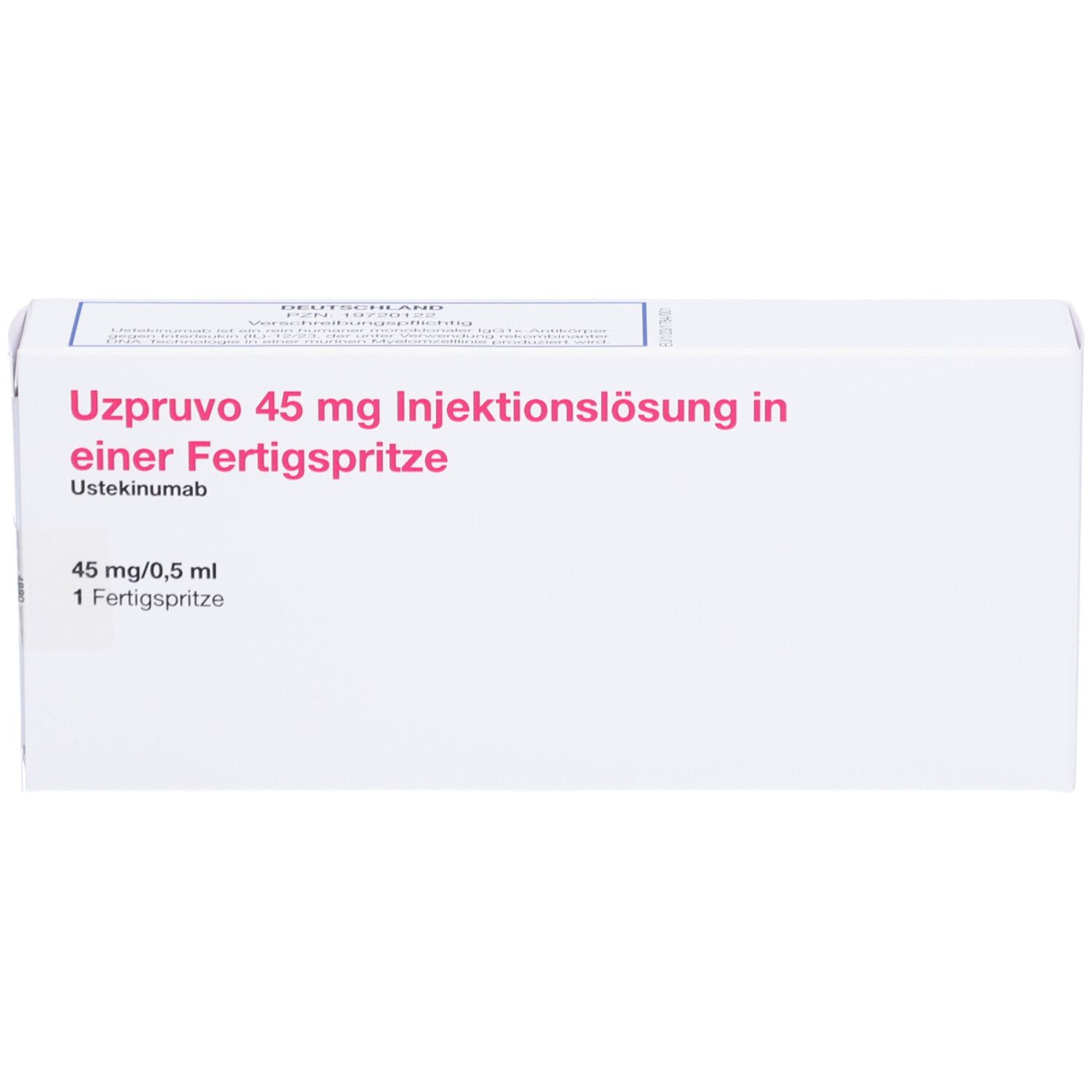 Weiße Verpackung. Text: UZPRUVO 45 mg Injektionslösung in einer Fertigspritze. 45 mg/0,5 ml, 1 Fertigspritze.