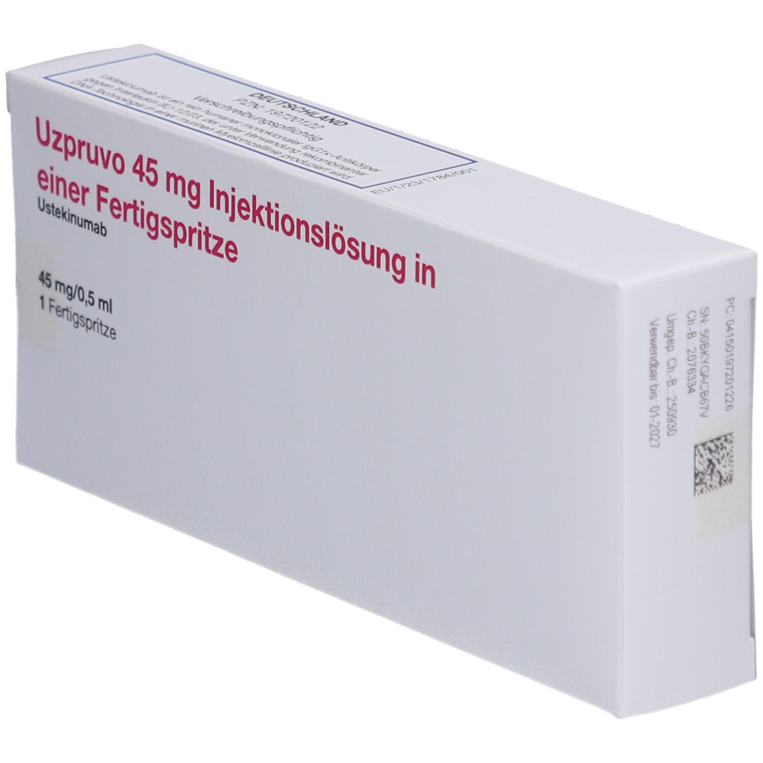 Weiße Verpackung. Text: UZPRUVO 45 mg Injektionslösung in einer Fertigspritze. 45 mg/0,5 ml, 1 Fertigspritze. Weitere Informationen.