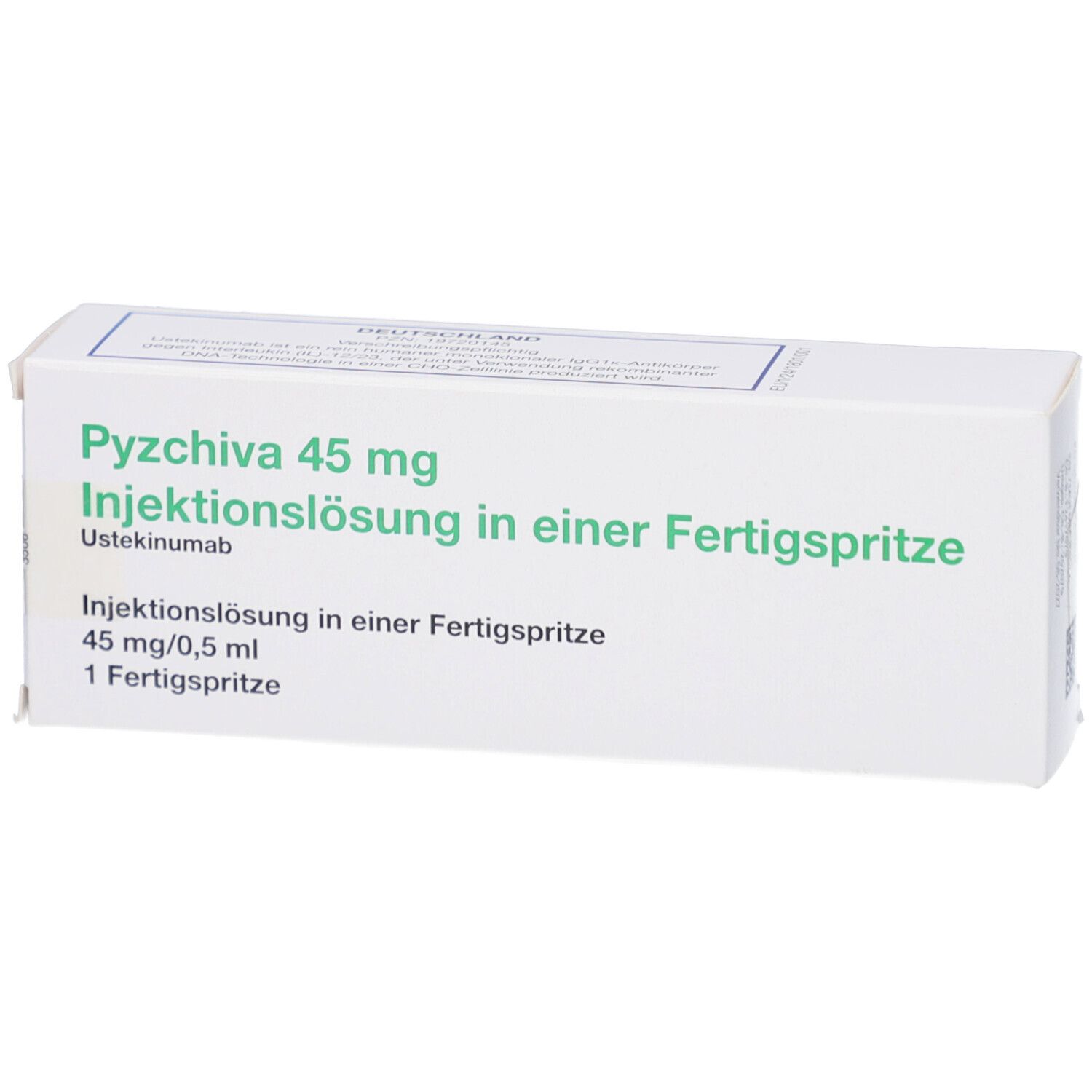 Weiße Schachtel mit grüner Schrift. Beschriftung: Pyzchiva 45 mg Injektionslösung in einer Fertigspritze. 1 Fertigspritze.