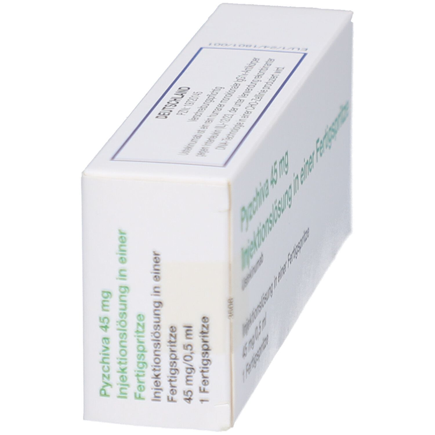 Weiße Schachtel, schräg. Beschriftung: Pyzchiva 45 mg Injektionslösung in einer Fertigspritze. 1 Fertigspritze.