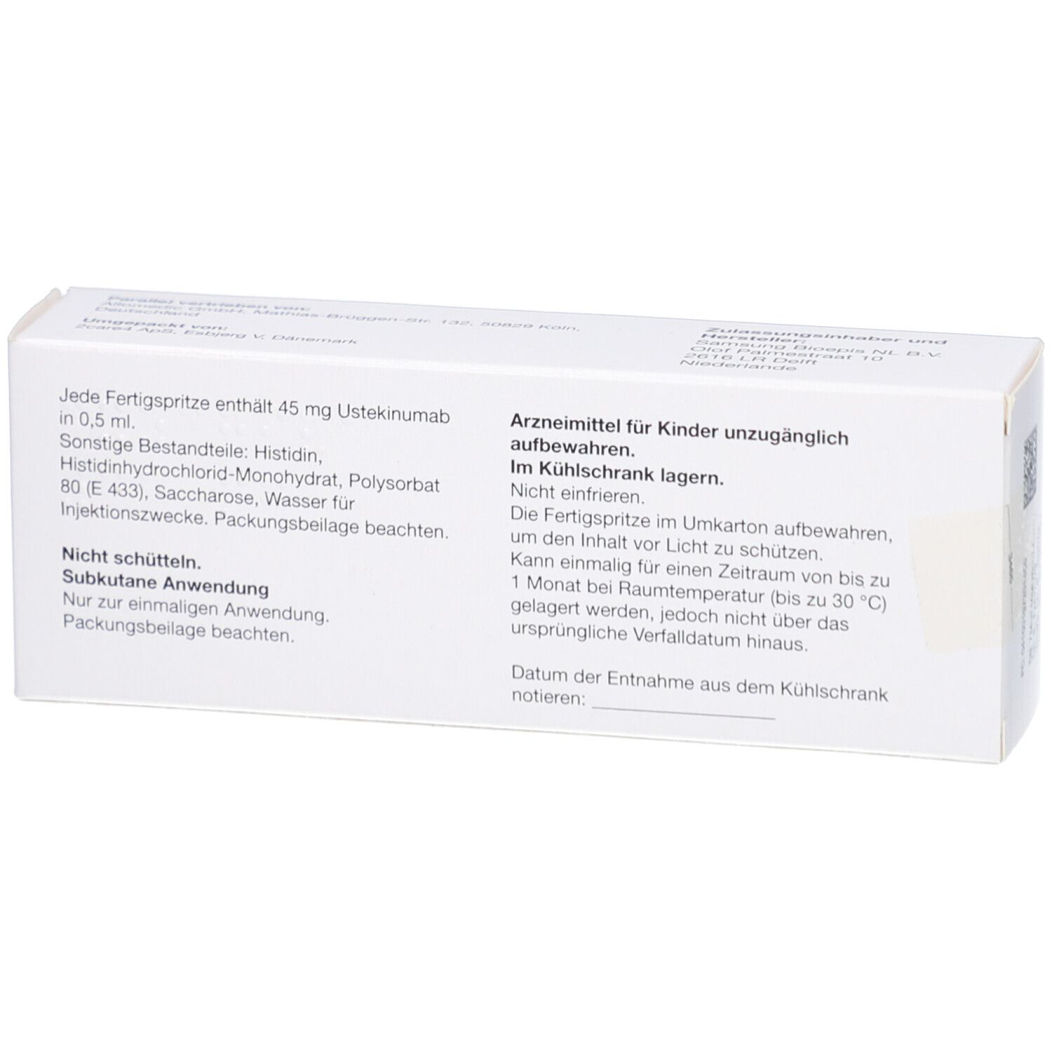 Weiße Schachtel, Rückseite. Text: Jede Fertigspritze enthält 45 mg Ustekinumab in 0,5 ml. Aufbewahrungshinweise.