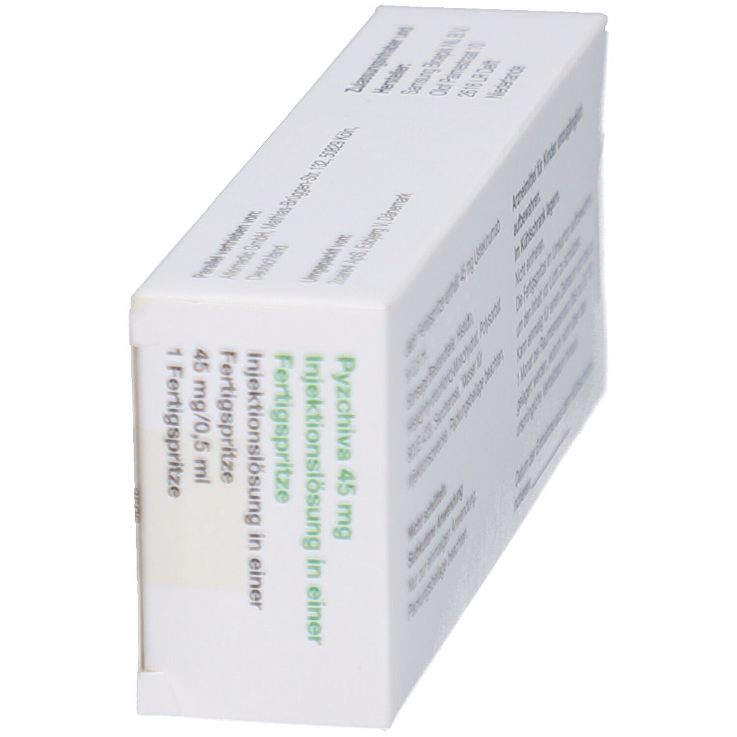 Weiße Schachtel, schräg. Beschriftung: Pyzchiva 45 mg Injektionslösung in einer Fertigspritze. 1 Fertigspritze.