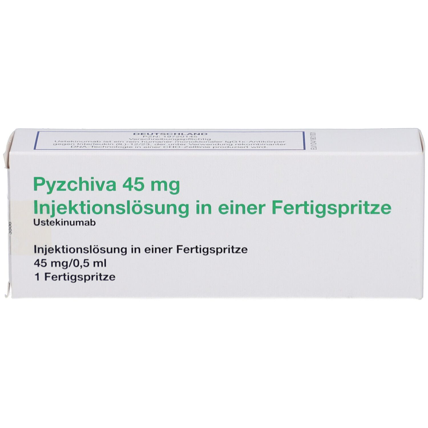 Weiße Schachtel mit grüner Schrift. Beschriftung: Pyzchiva 45 mg Injektionslösung in einer Fertigspritze. 1 Fertigspritze.