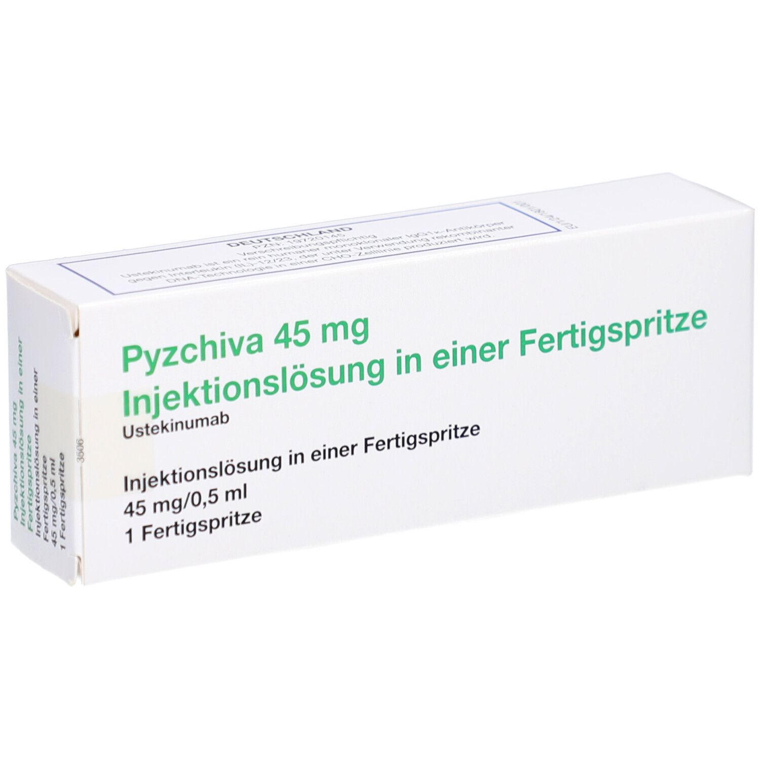 Weiße Schachtel mit grüner Schrift. Beschriftung: Pyzchiva 45 mg Injektionslösung in einer Fertigspritze. 1 Fertigspritze.