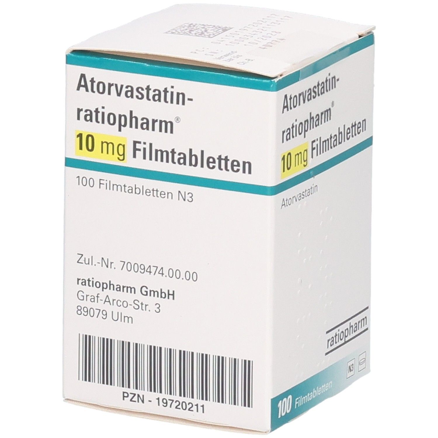 ATORVASTATIN-ratiopharm 10 mg Filmtabletten, 100 Stück, Rückseite mit Zulassungsnummer und Herstellerangaben.