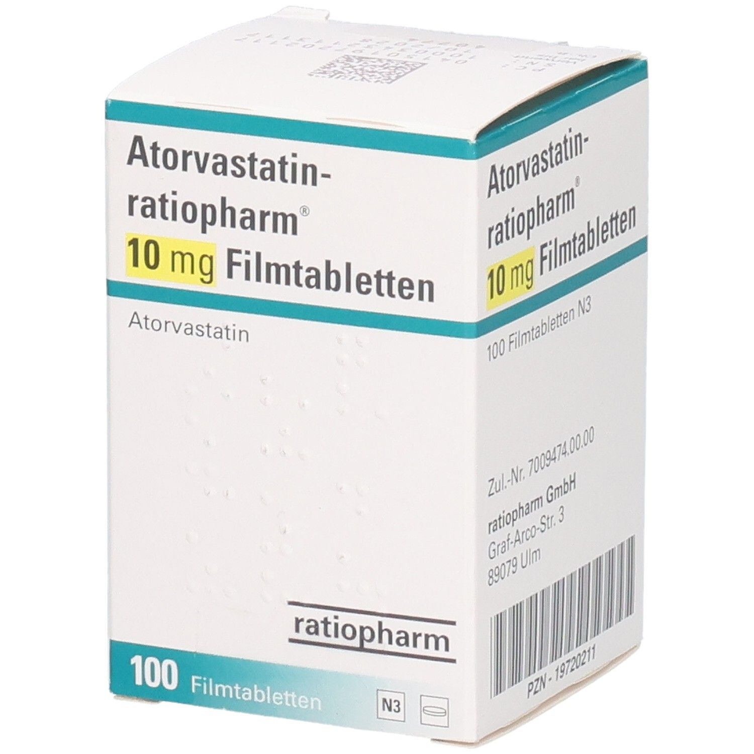 ATORVASTATIN-ratiopharm 10 mg Filmtabletten, 100 Stück, Seitenansicht mit Barcode und PZN.