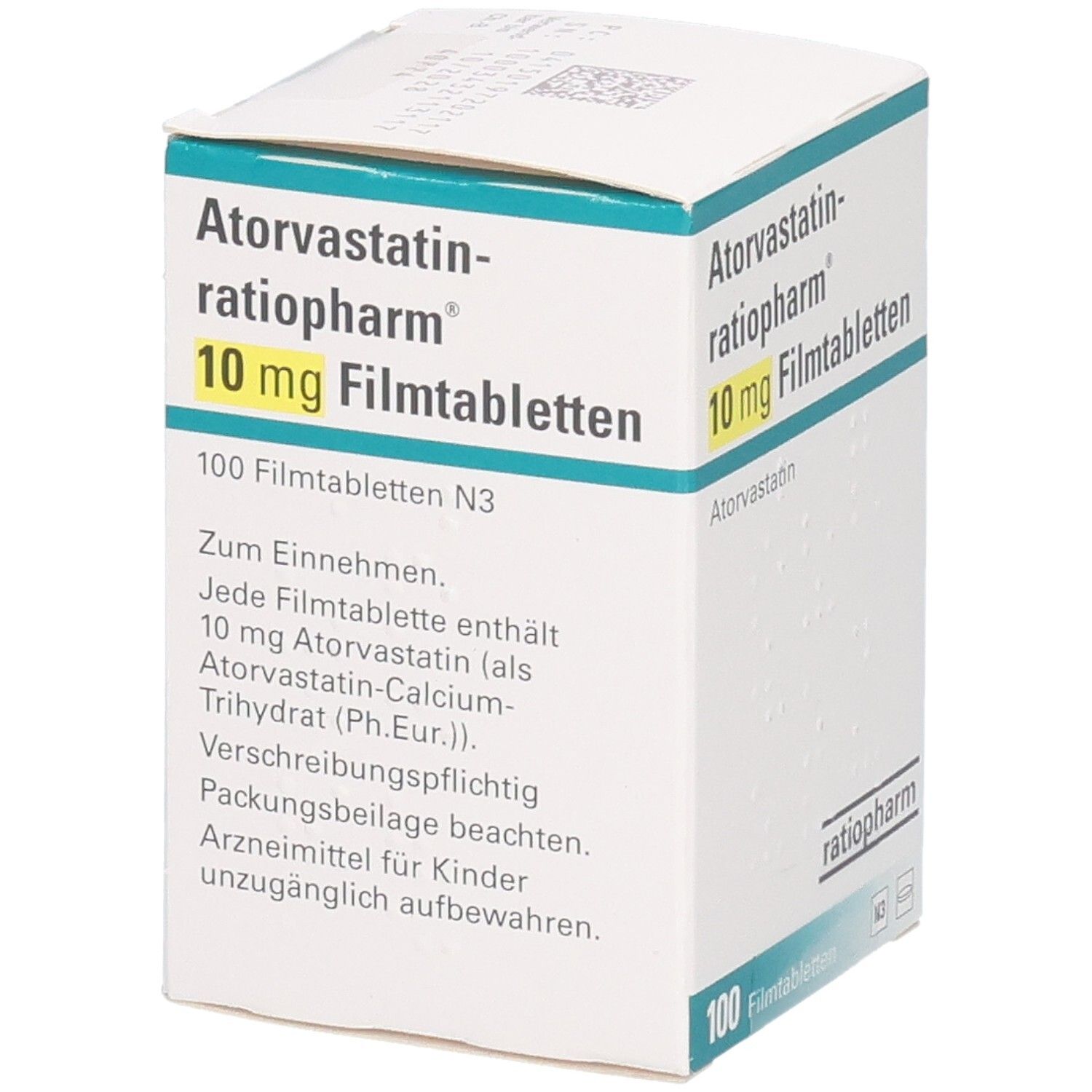 ATORVASTATIN-ratiopharm 10 mg Filmtabletten, 100 Stück, Vorderseite mit Einnahmehinweisen.