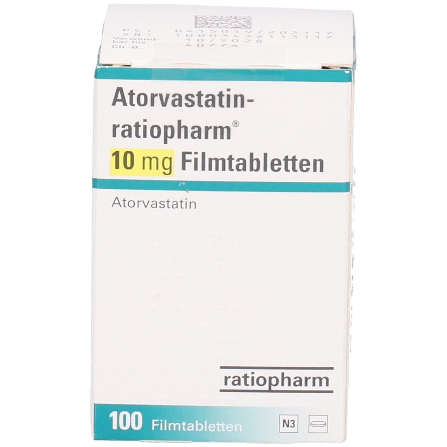 ATORVASTATIN-ratiopharm 10 mg Filmtabletten, 100 Stück, Vorderseite mit Produktinformationen.