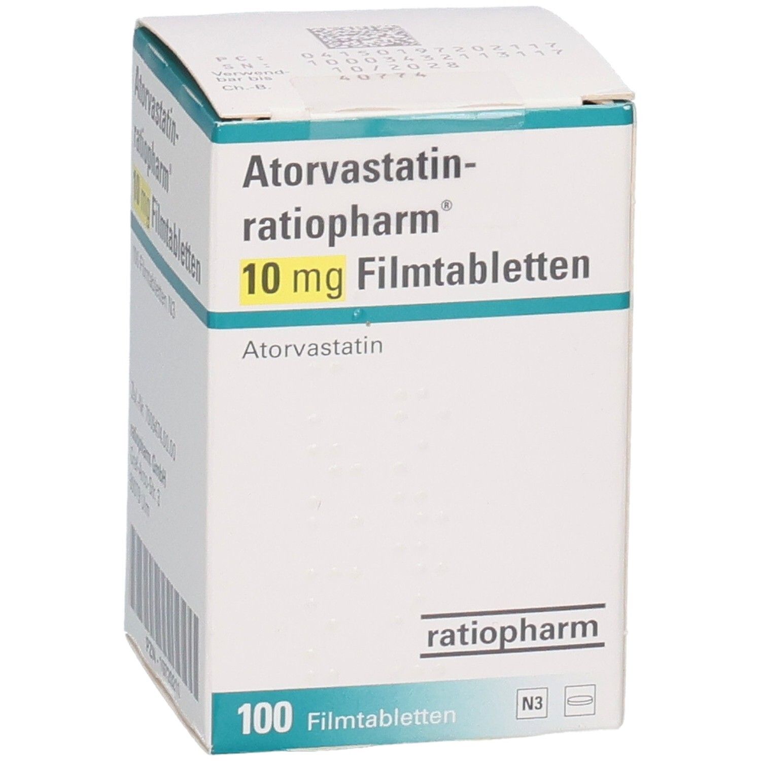 ATORVASTATIN-ratiopharm 10 mg Filmtabletten, 100 Stück, Ansicht von oben.