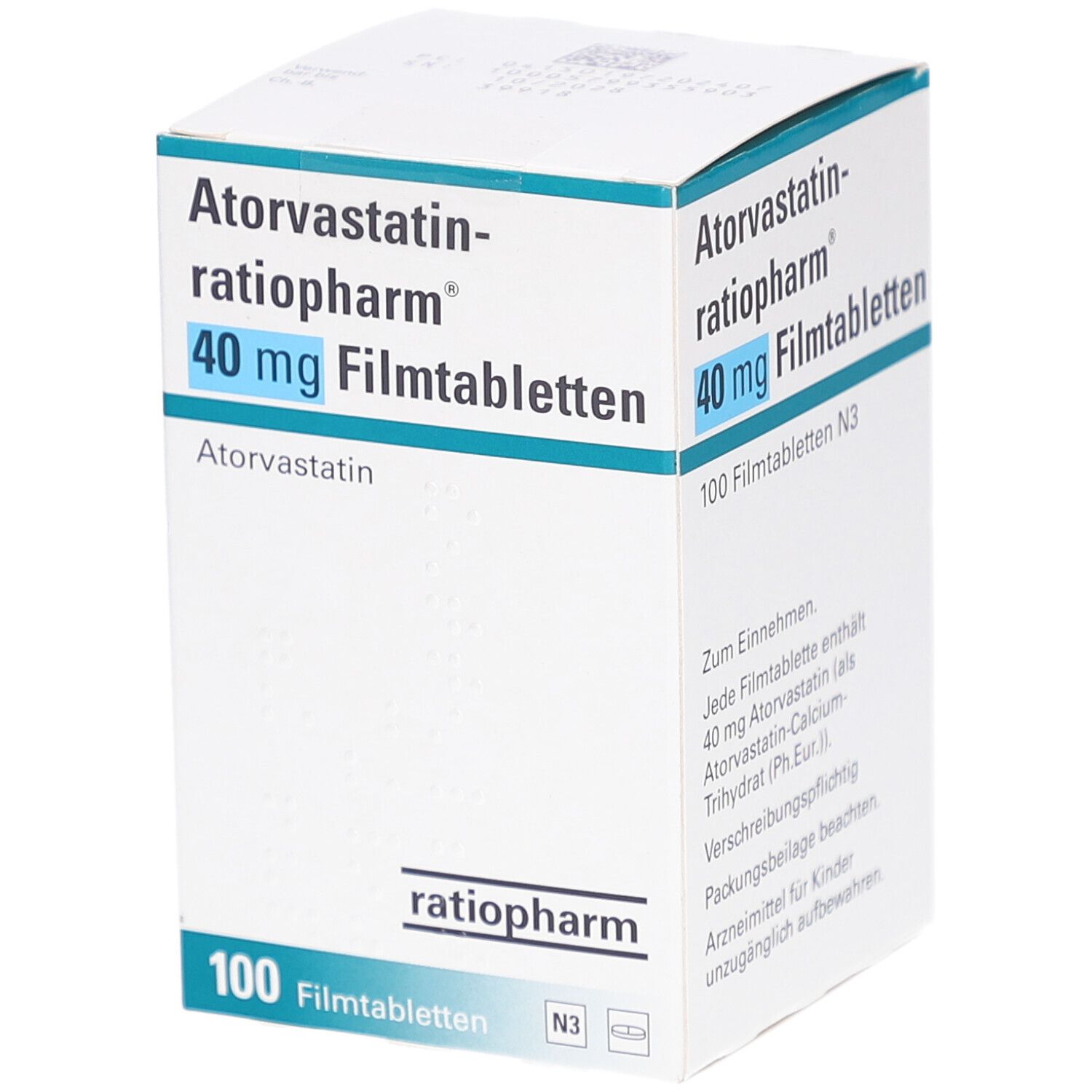 Schachtel mit ATORVASTATIN-ratiopharm 40 mg Filmtabletten. Aufschrift: 40 mg Filmtabletten, 100 Filmtabletten N3. Marke: ratiopharm.