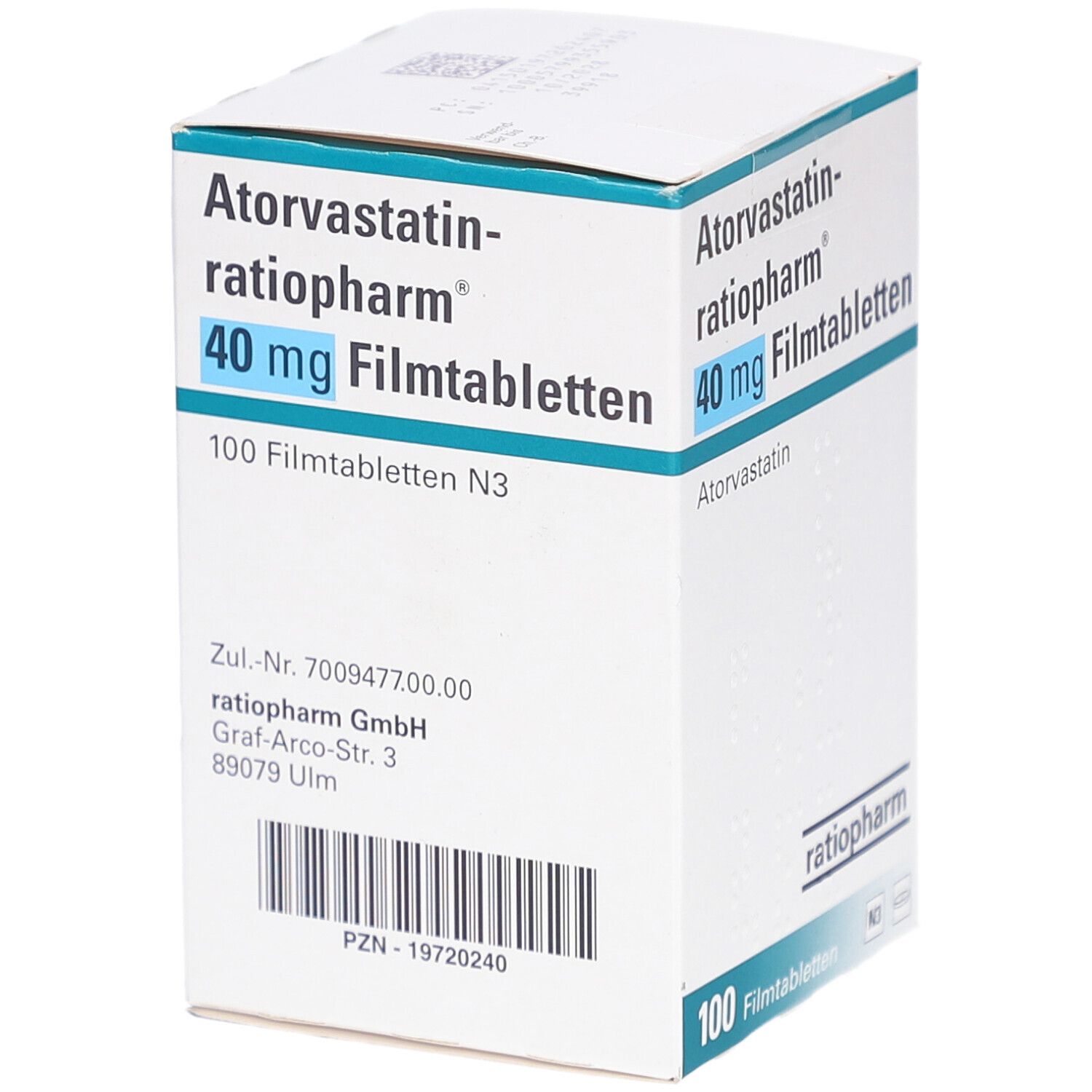 Schachtel mit ATORVASTATIN-ratiopharm 40 mg Filmtabletten. Aufschrift: 40 mg Filmtabletten, 100 Filmtabletten N3. Marke: ratiopharm. Details auf der Seite.