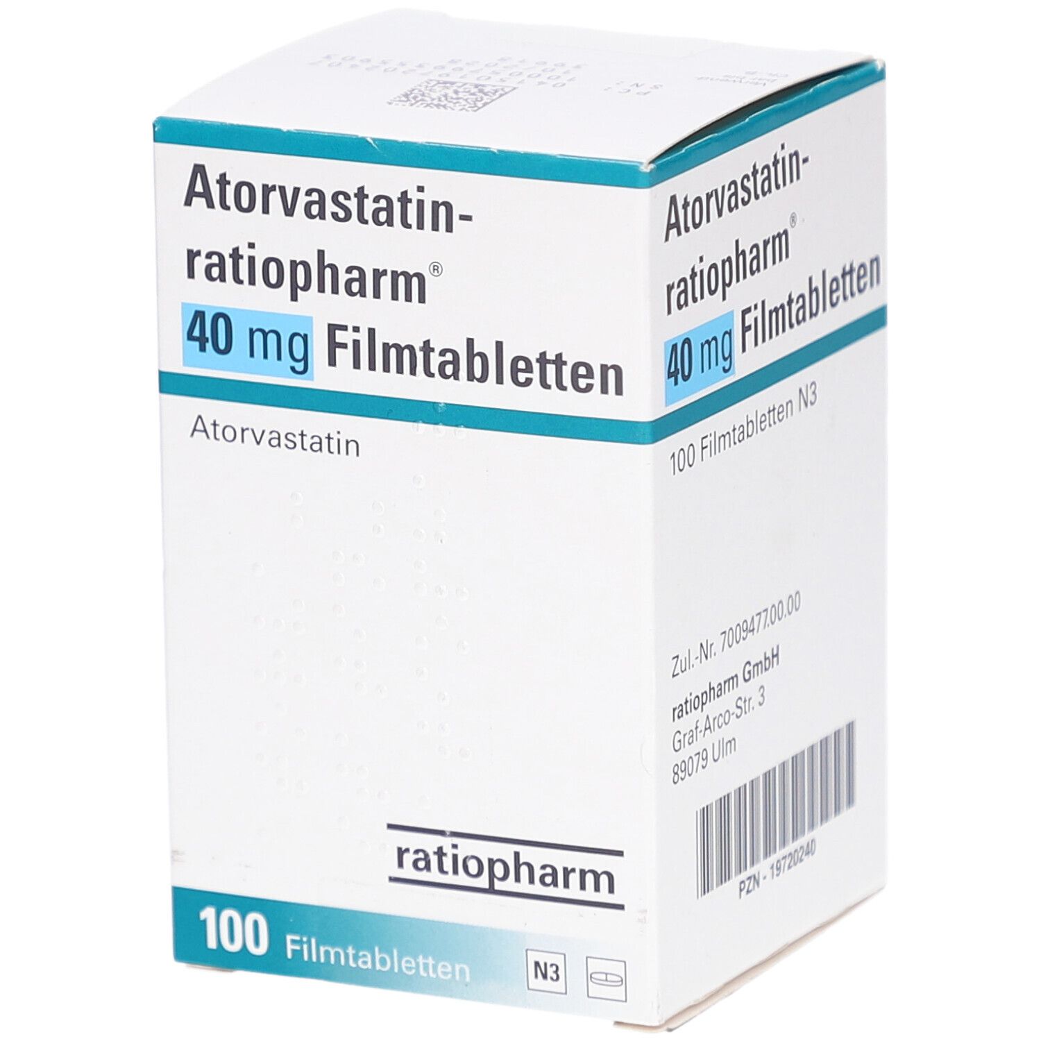 Schachtel mit ATORVASTATIN-ratiopharm 40 mg Filmtabletten. Aufschrift: 40 mg Filmtabletten, 100 Filmtabletten N3. Marke: ratiopharm. Detailansicht.