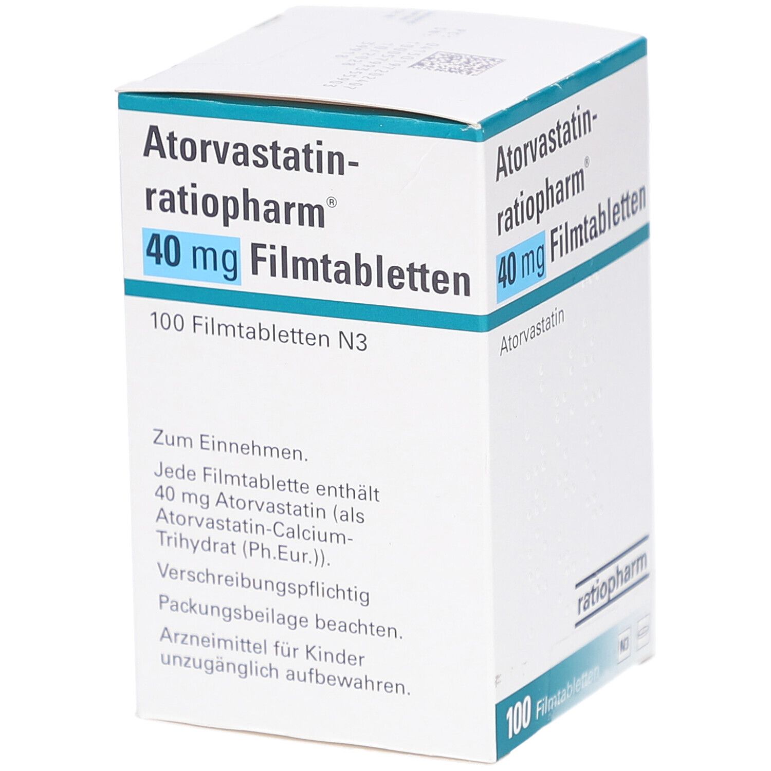 Schachtel mit ATORVASTATIN-ratiopharm 40 mg Filmtabletten. Aufschrift: 40 mg Filmtabletten, 100 Filmtabletten N3. Marke: ratiopharm. Text auf der Seite.