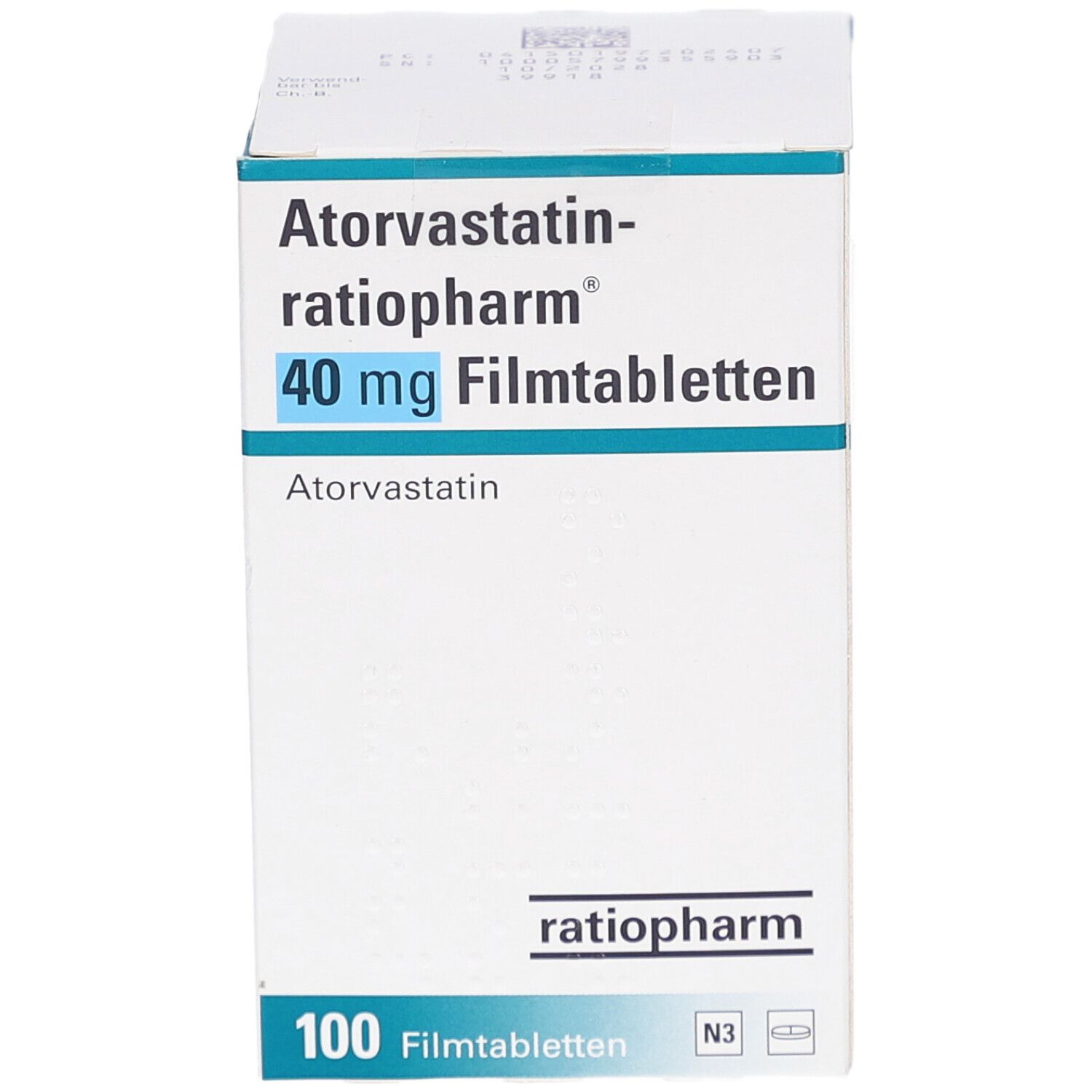Schachtel mit ATORVASTATIN-ratiopharm 40 mg Filmtabletten. Aufschrift: 40 mg Filmtabletten, 100 Filmtabletten N3. Marke: ratiopharm. Draufsicht.