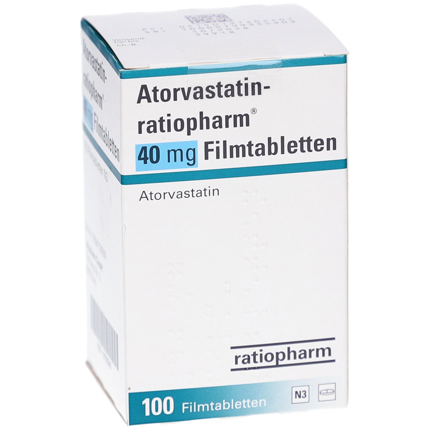 Schachtel mit ATORVASTATIN-ratiopharm 40 mg Filmtabletten. Aufschrift: 40 mg Filmtabletten, 100 Filmtabletten N3. Marke: ratiopharm. Schrägansicht.