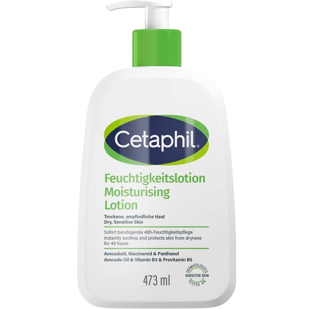 Cetaphil Feuchtigkeitslotion Flasche mit Pumpe. Weißes Etikett, grüner Deckel. Text: Moisturising Lotion.