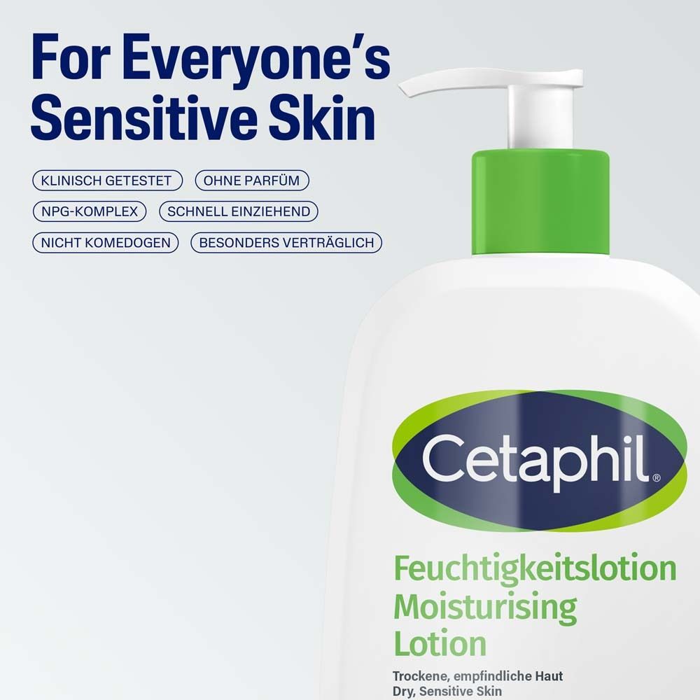 Cetaphil Feuchtigkeitslotion Flasche. Text: Für empfindliche Haut. Klinisch getestet, ohne Parfum.