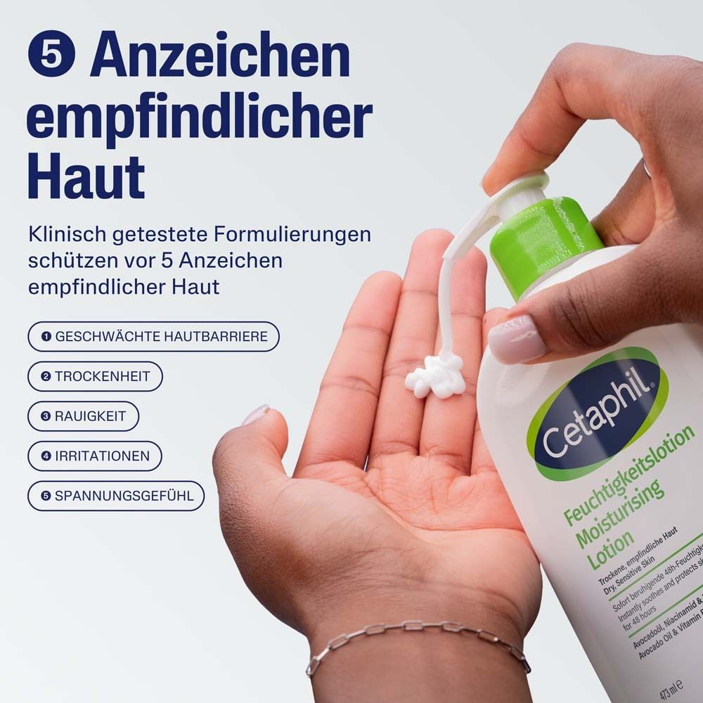 Hand mit Creme. Text: 5 Anzeichen empfindlicher Haut. Geschwächte Hautbarriere, Trockenheit, etc.