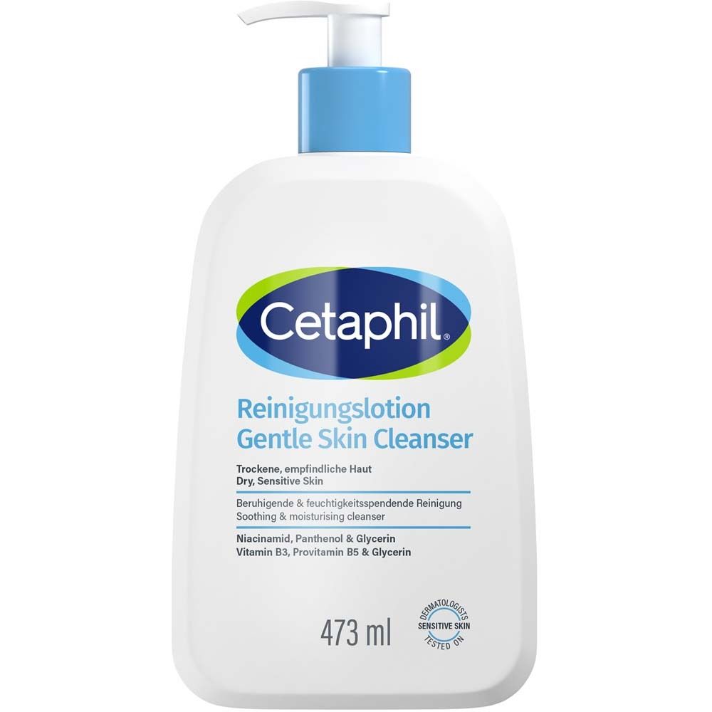 Cetaphil Reinigungslotion. Weiße Flasche mit blauem Pumpkopf. Text: Von Dermatologen empfohlen. 460 ml.