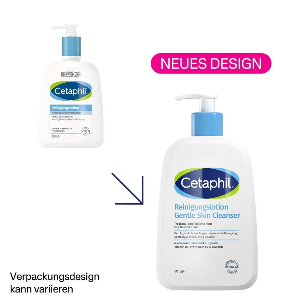 Vergleich von zwei Cetaphil-Flaschen. Links: älteres Design. Rechts: neues Design. Text: Verpackungsdesign kann variieren.