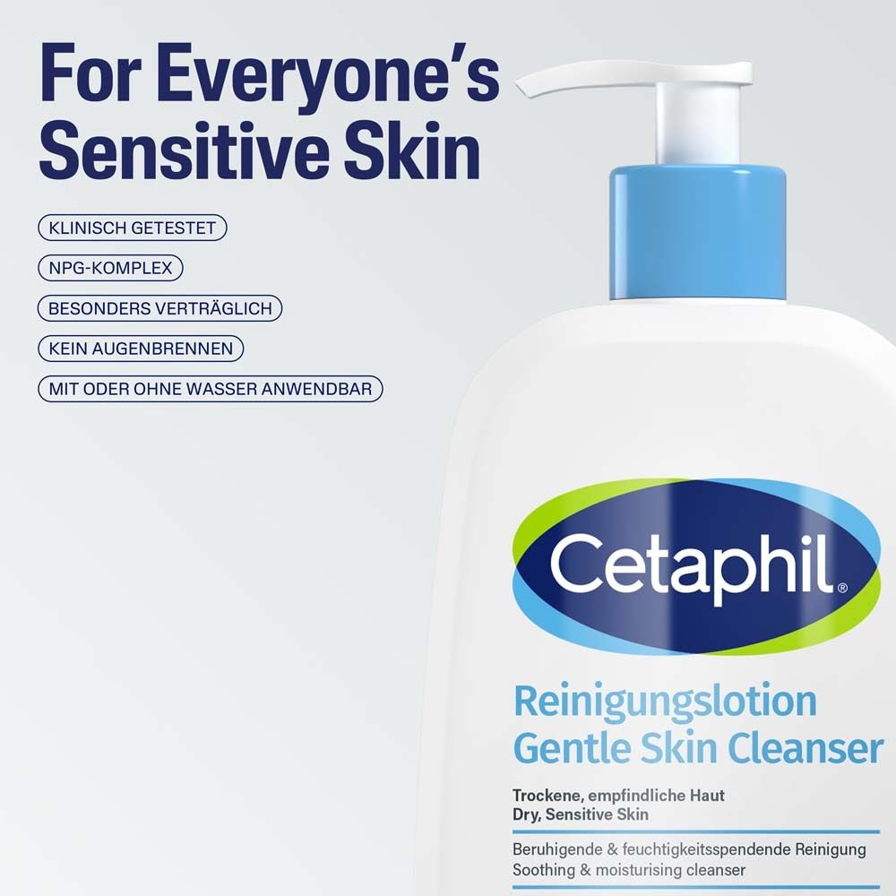 Cetaphil Reinigungslotion. Weiße Flasche mit blauem Pumpkopf. Text: Für jede empfindliche Haut. Klinisch getestet. Kein Augenbrennen.