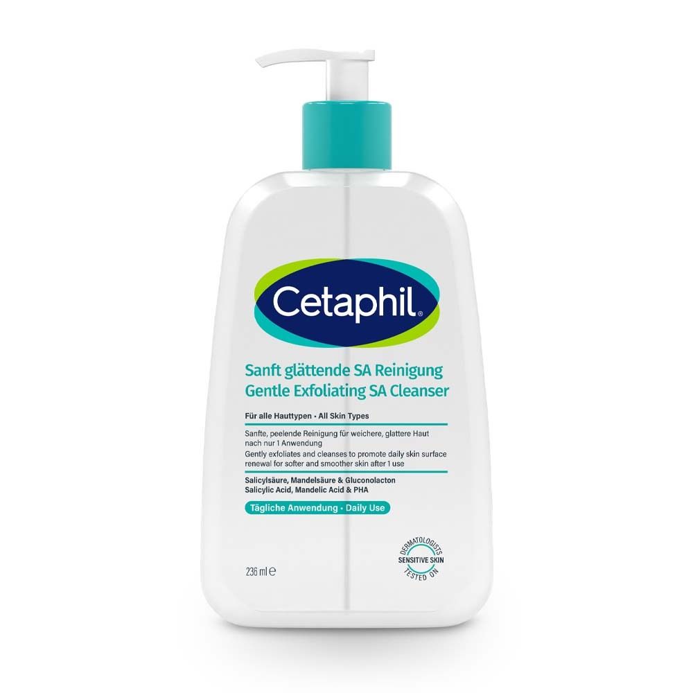 Cetaphil® Sanft glättende SA Reinigung. Weiße Flasche mit blauem Pumpkopf. Text: Sanftes Peeling, für alle Hauttypen.