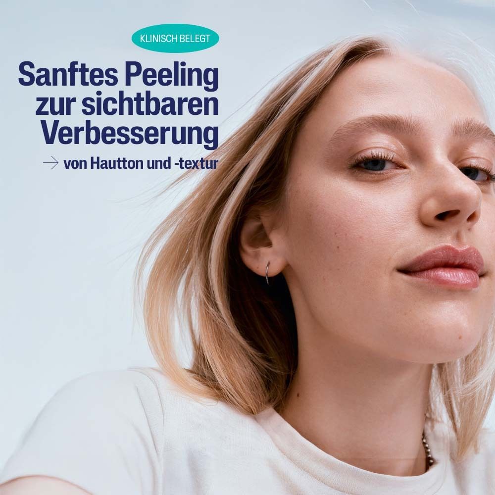 Frau mit Haut. Text: Sanftes Peeling zur sichtbaren Verbesserung von Hautton und -textur.
