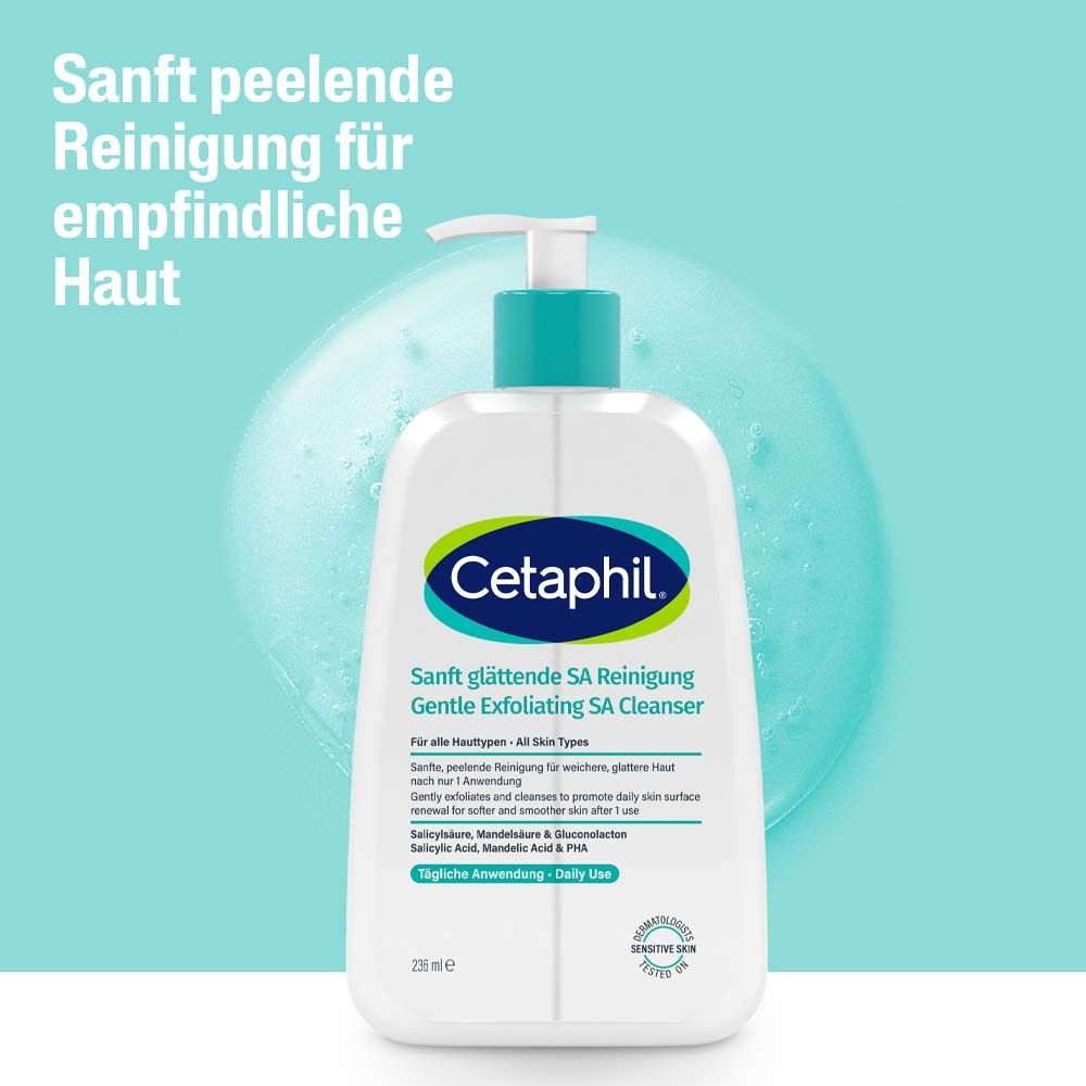 Cetaphil® Sanft glättende SA Reinigung. Weiße Flasche mit blauem Pumpkopf. Text: Sanft peelende Reinigung für empfindliche Haut.