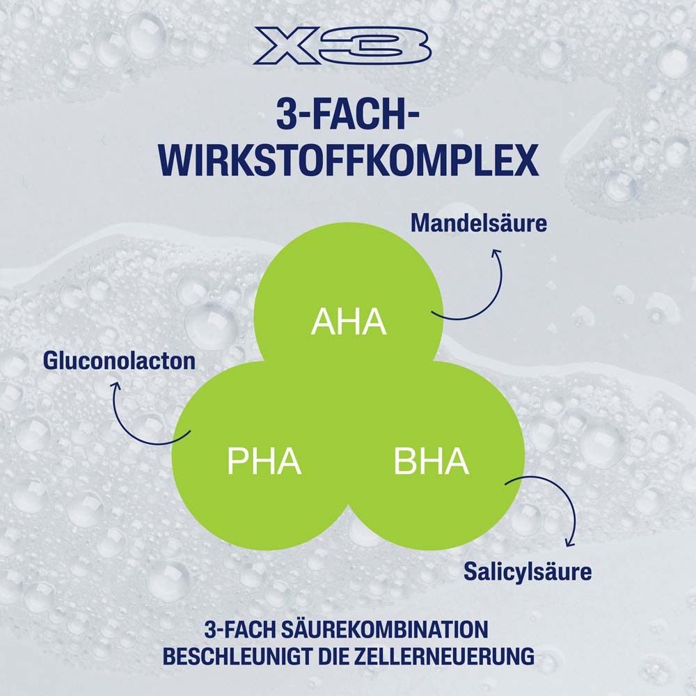 Grafik: 3-fach-Wirkstoffkomplex. Inhaltsstoffe: Mandelsäure, AHA, PHA, BHA, Salicylsäure. Beschleunigt die Zellerneuerung.